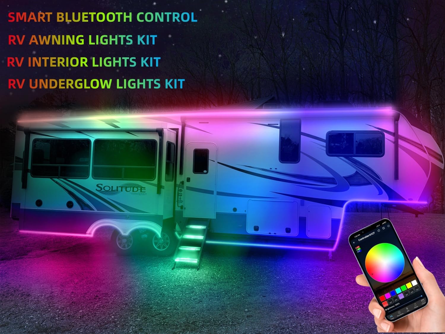 ROLiGHTiC RV Awning Lights Strip, 25FT Multi-Color LED, APP & RF Control, Model RO49U605777, Polycarbonate Material