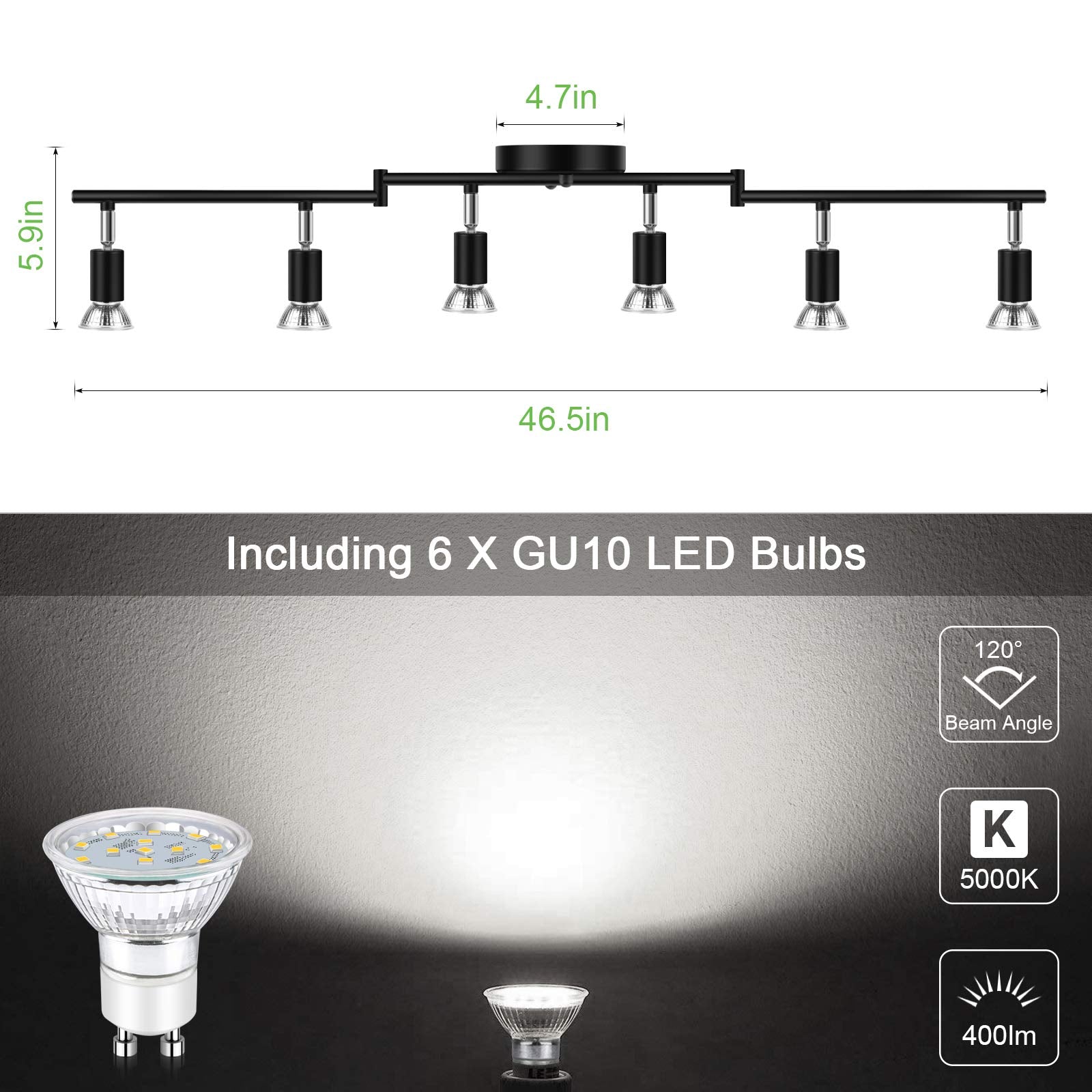 Unicozin Led 6-Light Track Lighting Kit - Black, 6-Way Ceiling Spot Lights With Flexibly Rotatable Heads, Includes 6 X Led Gu10