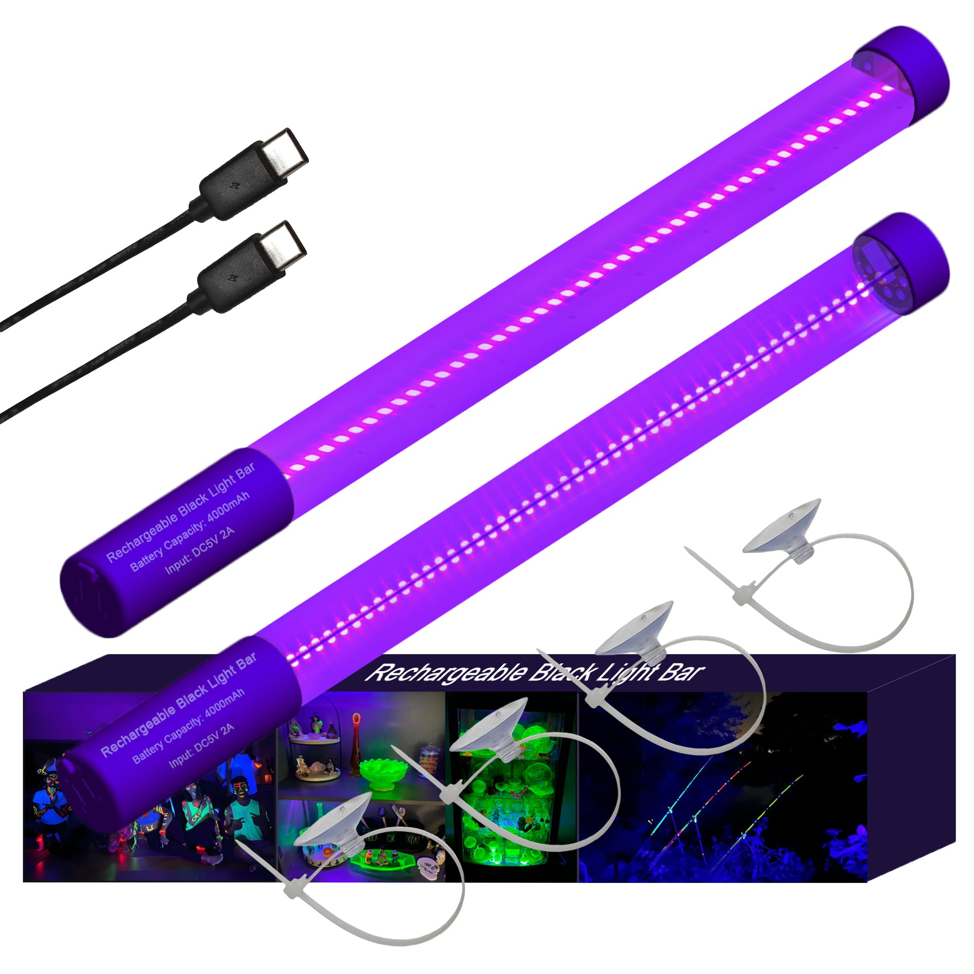 TITO Rechargeable Black Light Bar, UVA 395nm, Waterproof, Portable, 2 Pack, Fluorescent, Model TITO-BL-T10R
