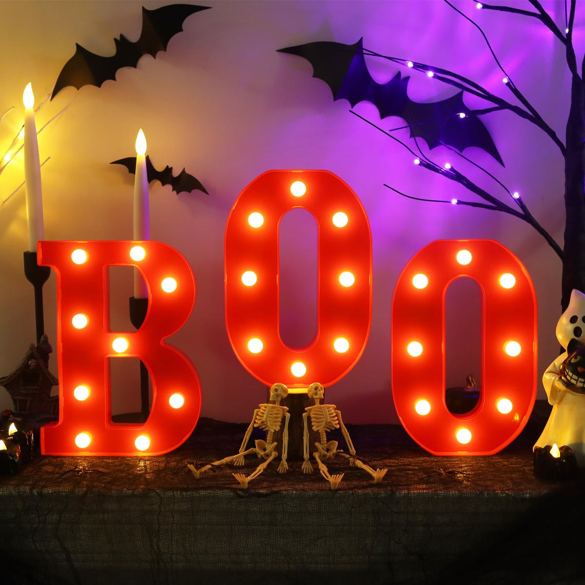 Boo Sign Light Up Halloween Decorations Indoor, Boo Decor 8.5 Inch BOO LED Marquee Letters Lights Signs, Battery Powered Hallowe