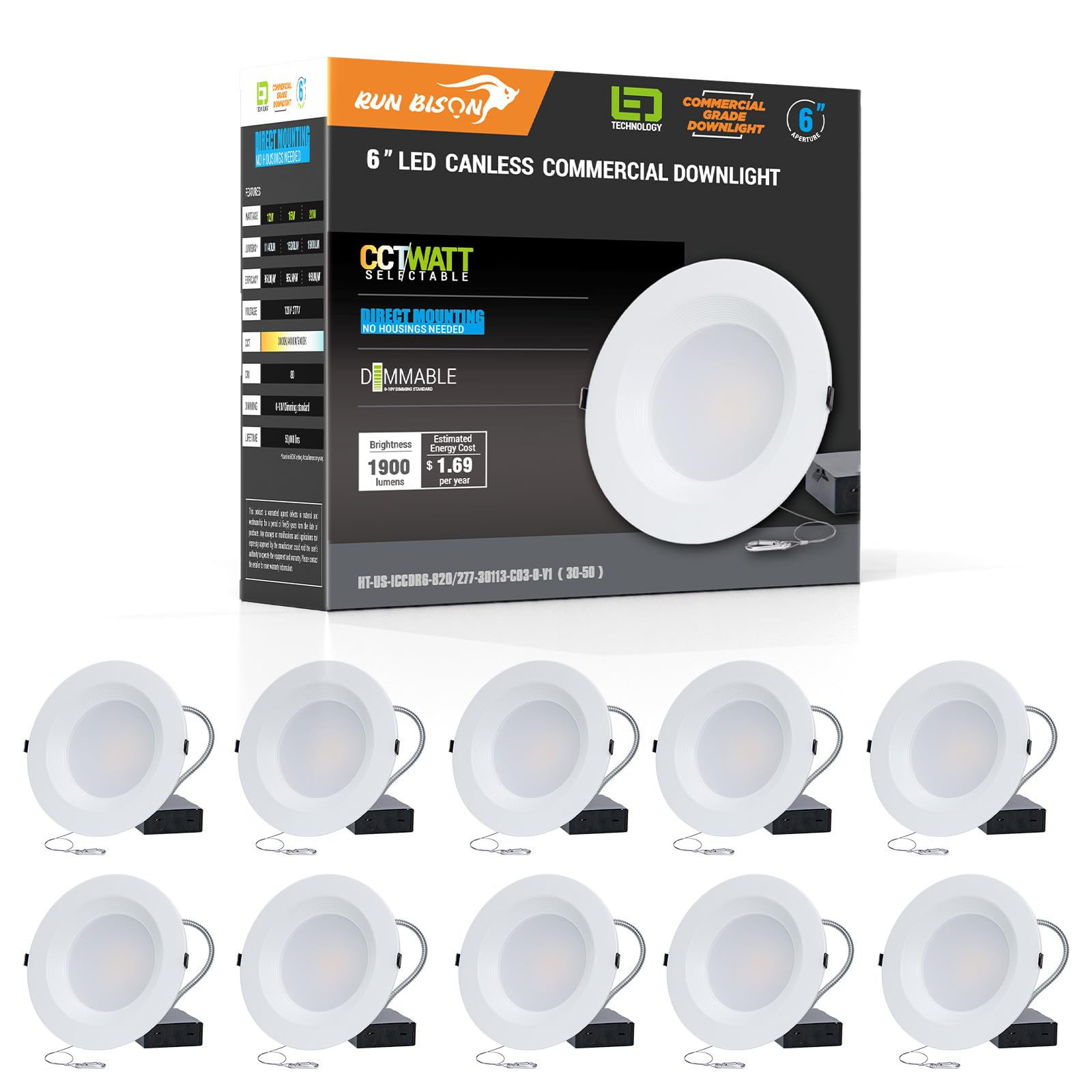Run Bison 6 Inch Recessed LED Commercial Downlight with J-Box, Wattage Adjustable 12/16/20W,3 Color Selectable 3000K-5000K, 120-