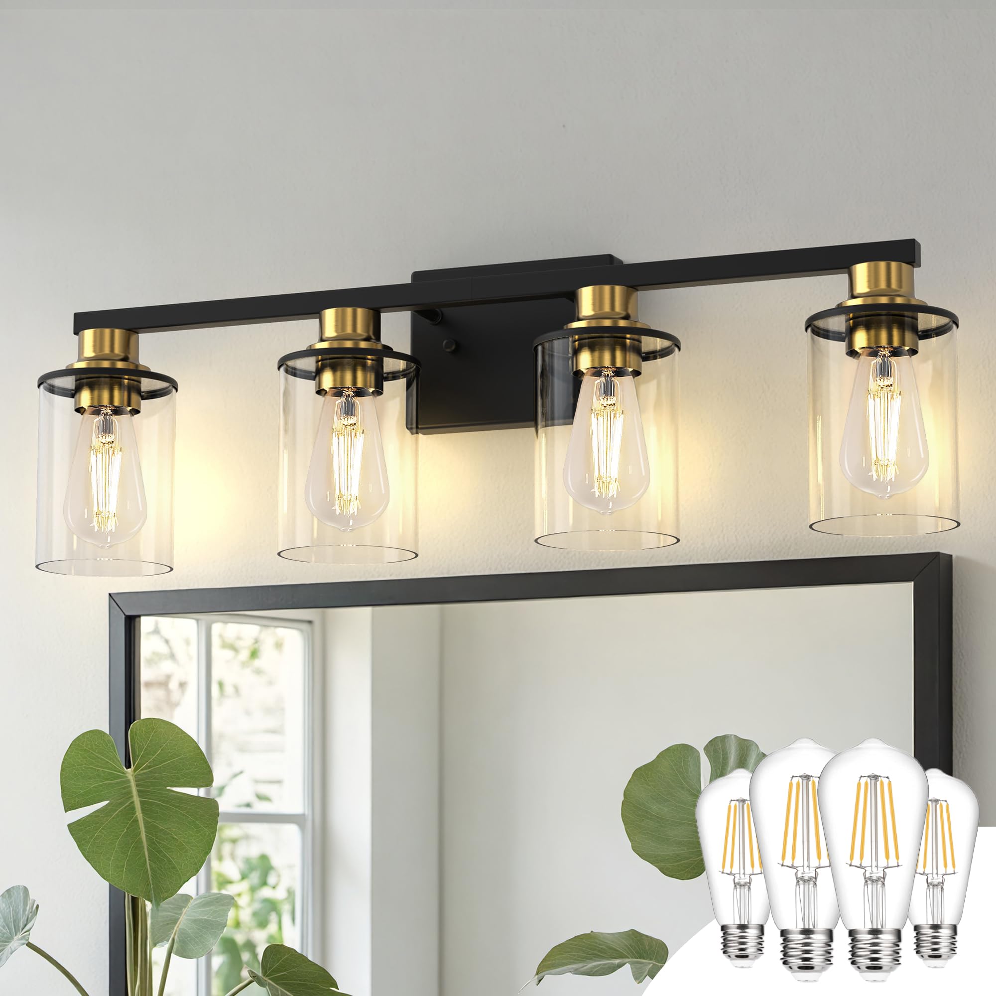 Doresshop Bathroom Light Fixtures  4-Light Black And Gold Bathroom Lighting Fixtures Over Mirror With Glass Shade  Modern Vanity Lights For Hallway Bedroom  Includes Bulbs