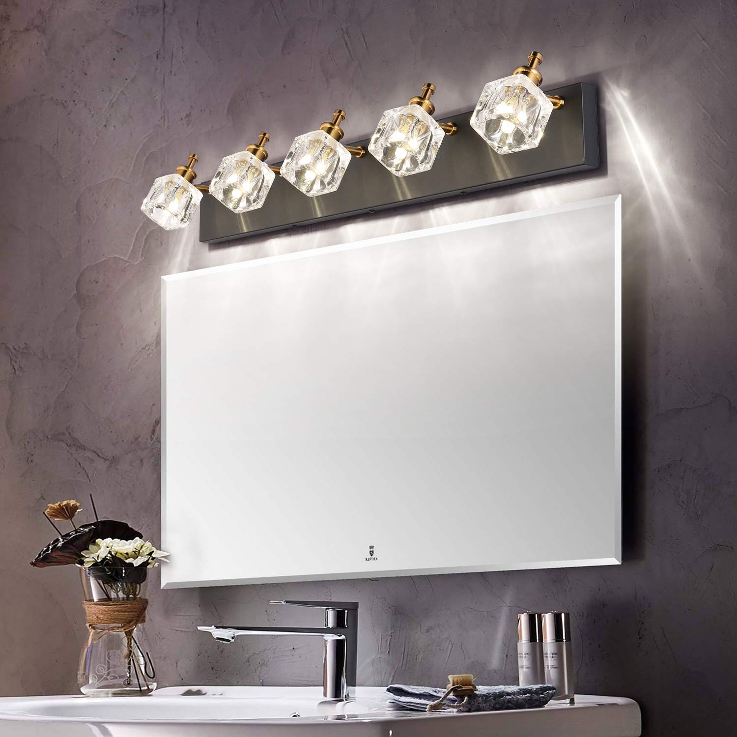 PRESDE Black Bath Vanity Light Fixture - Modern 5-Light Sconce, Glass Shade, Matte Black, Model 7770-5T