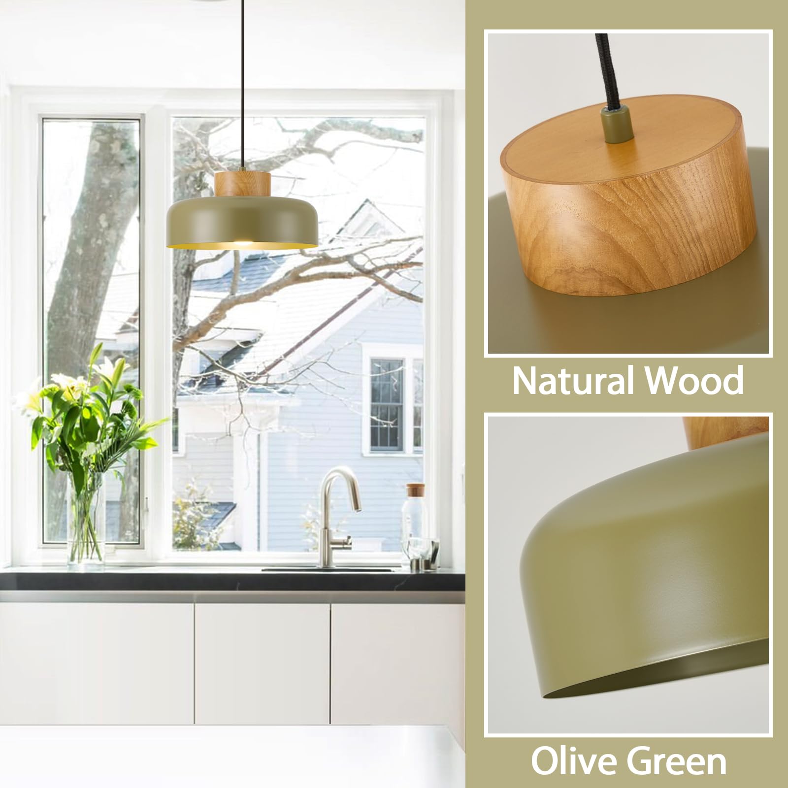 Modern Pendant Lights 12.6 Inch Naturl Wood Adjustable Simple Pendant Lighting For Kitchen  Dining Room  Olive Green