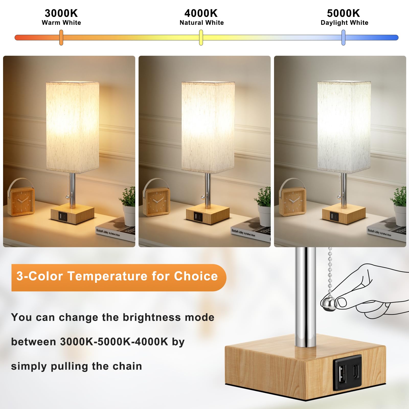 Wood Grain Bedside Table Lamps Set Of 2 - Bedroom Lamps With 3 Color Temperatures (3000K/5000K/4000K), Two Square Nightstand Lam