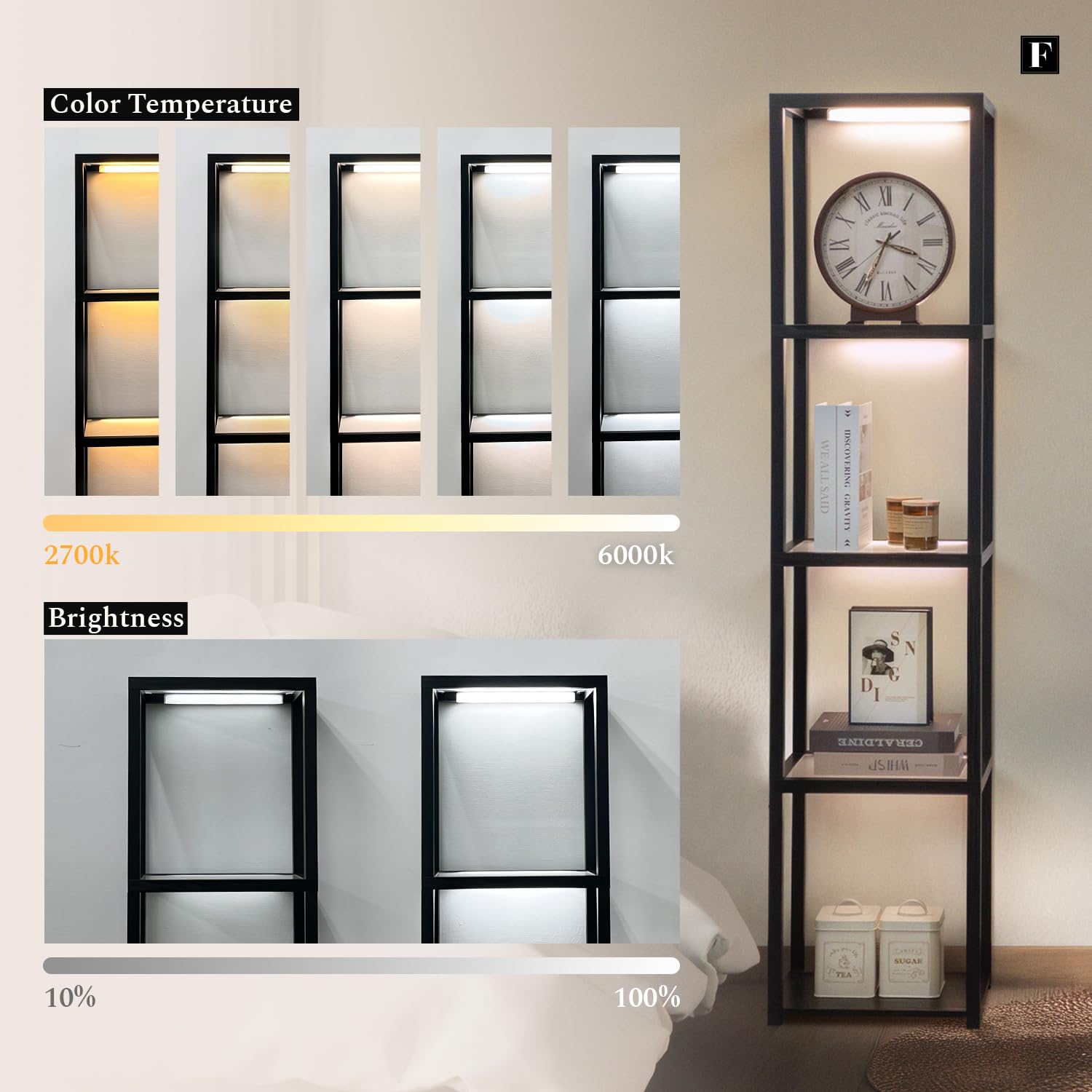 FENLO LED Glass Display Cabinet, Dimmable Light, Black, Model FEN-109-CCT-BK, Curio Shelf Lamp for Bedroom, Living Room, or Office