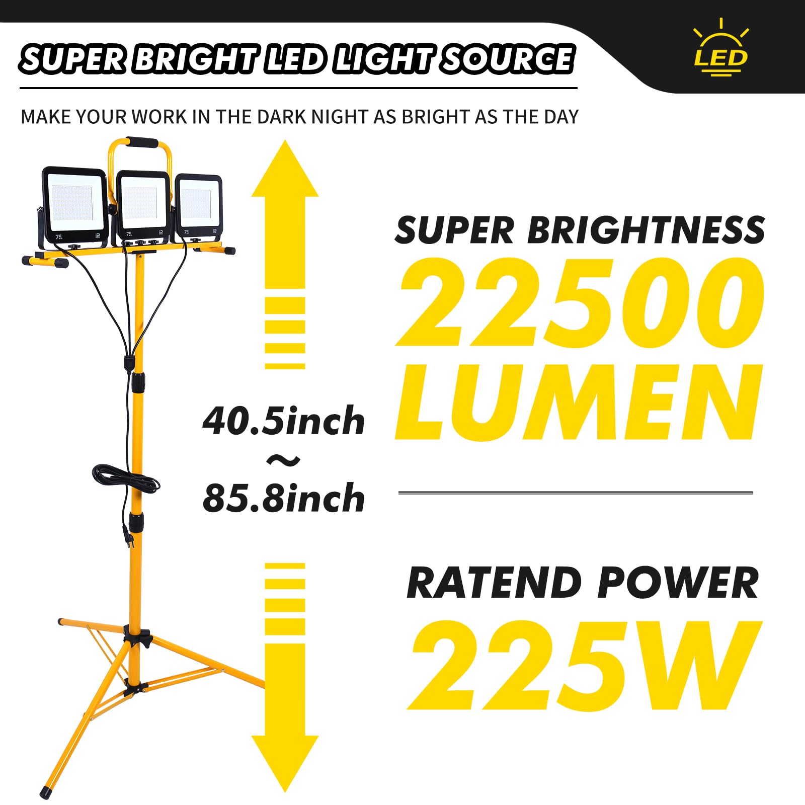 86 Inch 22500 Lumen Work Lights With Stand, 3 Adjustable Head Led Work Light, With Adjustable And Foldable Tripod Stand, Waterpr