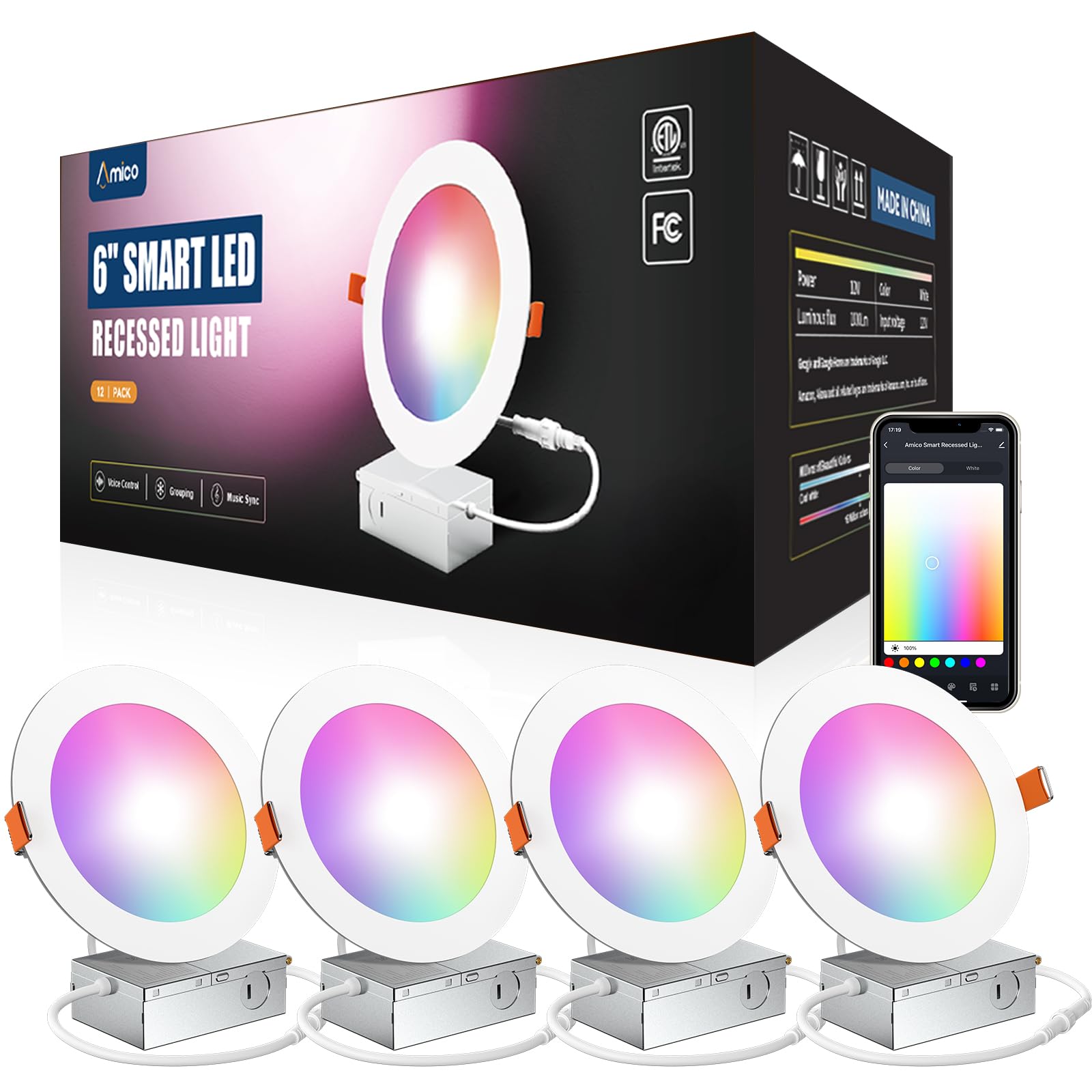 Amico Smart LED Recessed Lighting 6 Inch WiFi Canless Downlight 12W 1000LM RGB Color Changing Model DC08-DR6-12W120-CCT+W