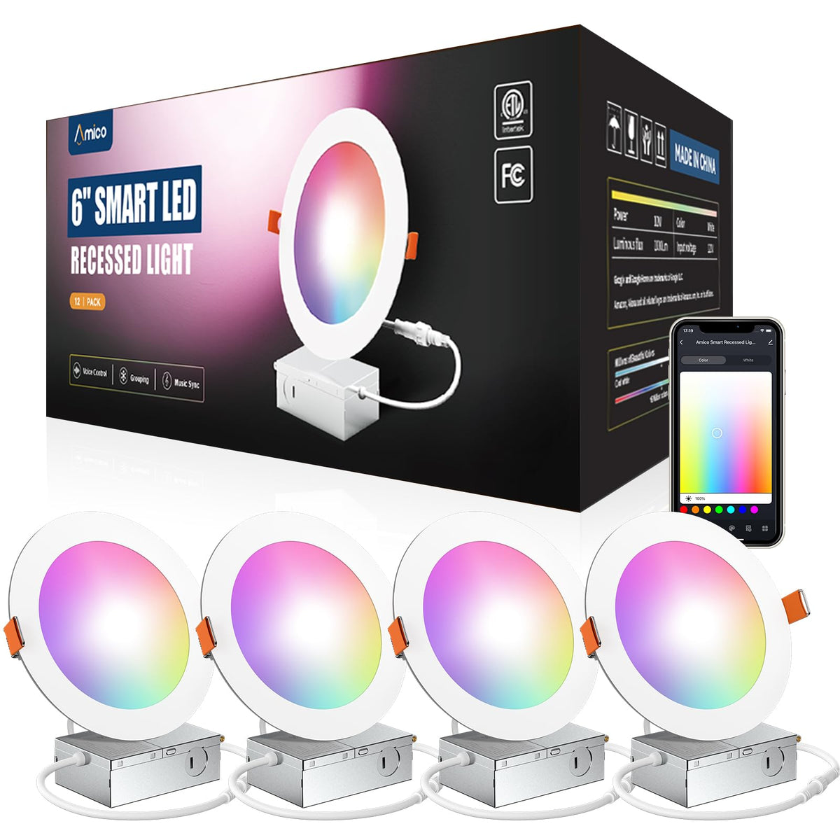 Amico Smart LED Recessed Lighting, 6 Inch Canless Downlight, RGB Color ...