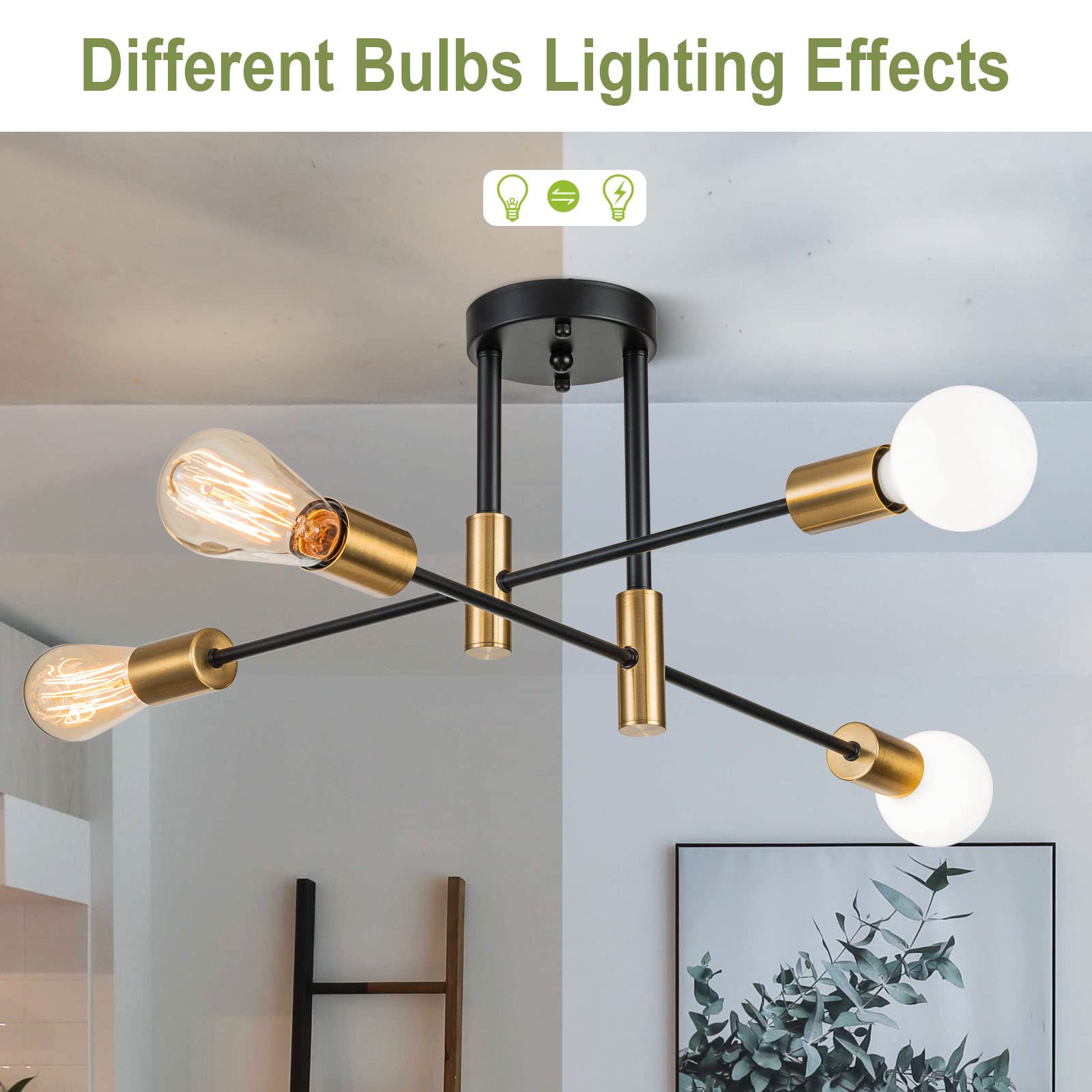 Brknit 4-Light Black Gold Sputnik Chandelier, Modern Flush Mount Ceiling Light Fixture