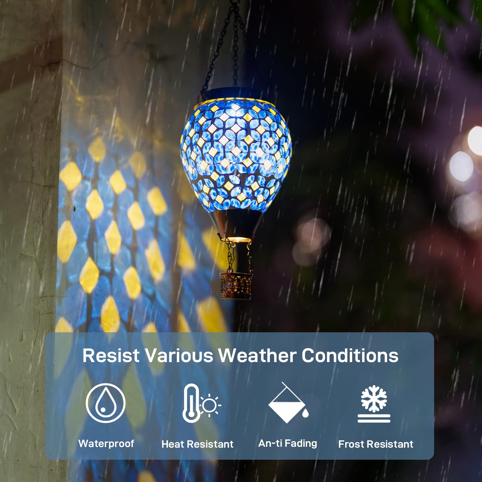 DREAMSKIP Mosaic Hot Air Balloon Solar Lantern, Waterproof Glass, Blue, Model 49120505, Flickering Flame, Outdoor Garden Gift