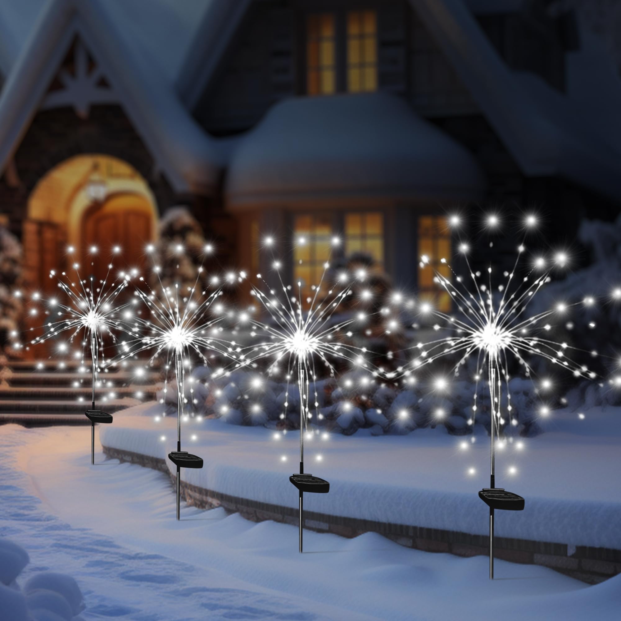 SolarEra Solar Garden Firework Lights, 4 Pack 120 LEDs, Waterproof Twinkle Lighting, White