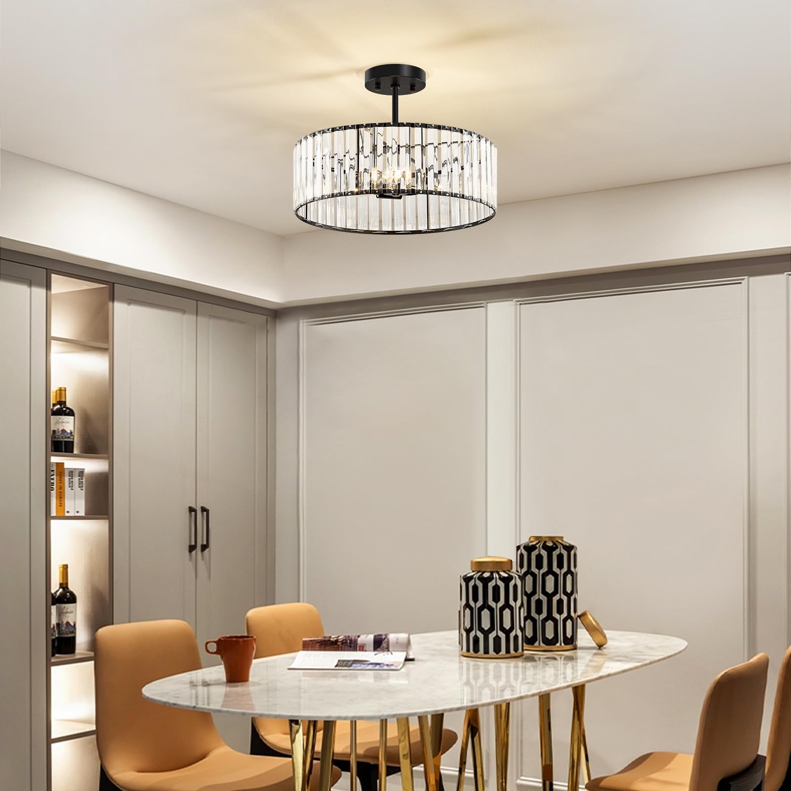 Violoemi Modern Black Semi Flush Mount Ceiling Light Crystal 3-Light Light Fixture 15.75 Inch Kitchen Ceiling Lighting For Living Room Bedroom Dining Room Bathroom Entryway(Bulb Not Included)