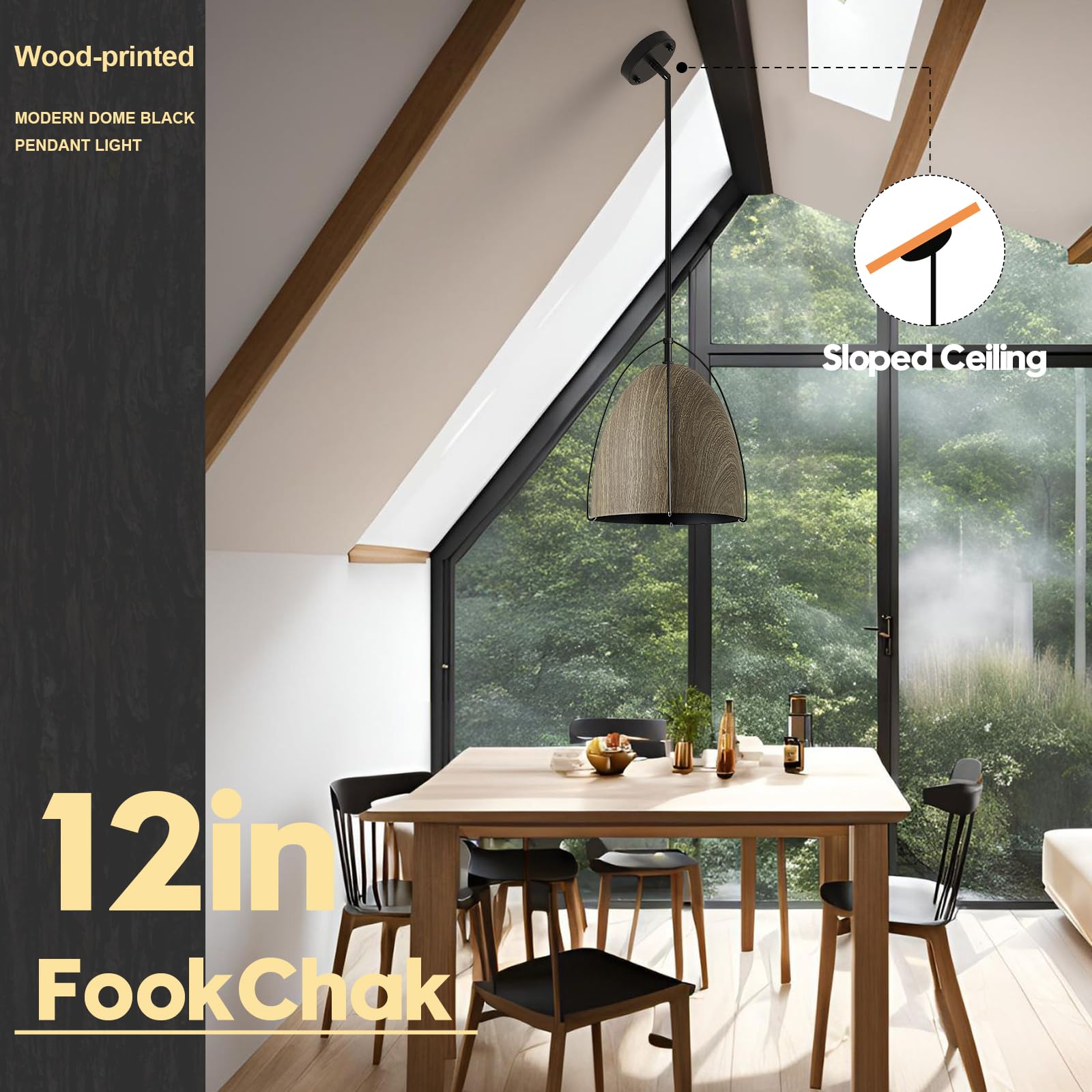Fookchak Large Dome Pendant Light 3-Light Kitchen Pendant Light Fixture 12In Wood Printed Black Pendant Lighting For Kitchen Isl