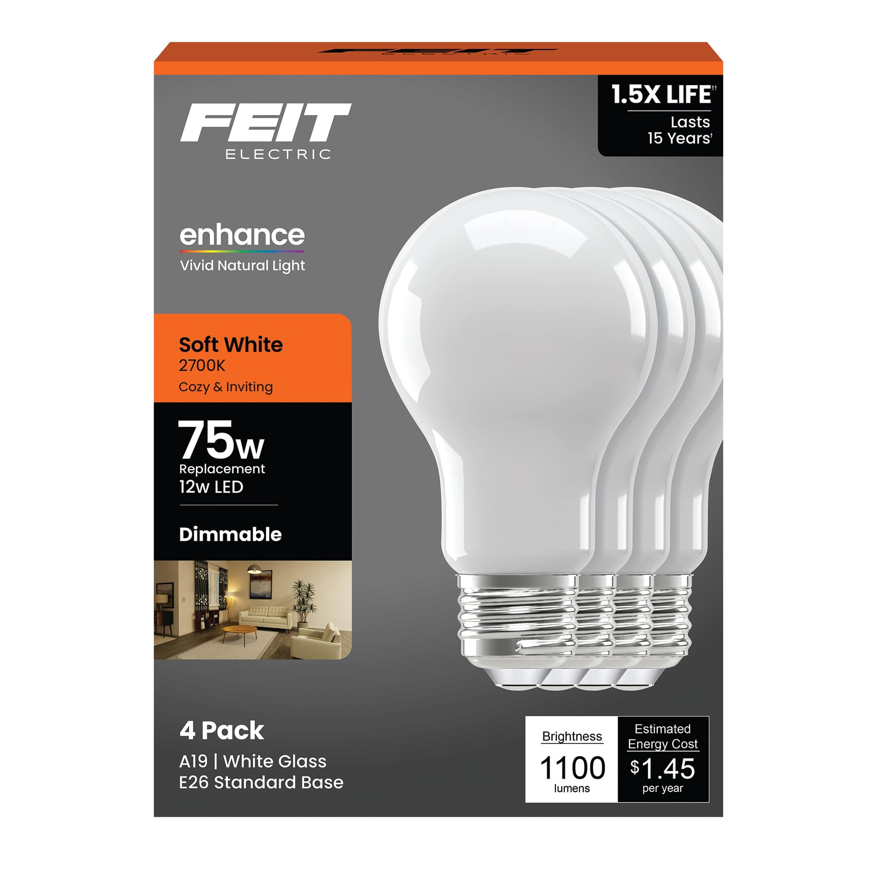 Feit Electric A19 Led Light Bulb, 75W Equivalent, 2700K Soft White, Dimmable, 1100 Lumens, 12W, E26 Base, 90+ Cri, General Purpo