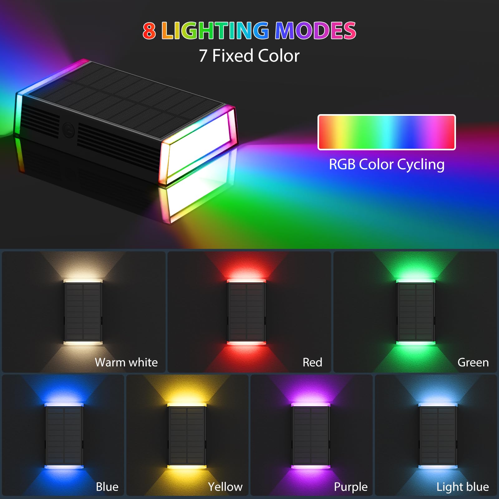 UGDLUCK Solar Wall Lights, IP67 Waterproof, 8 Modes, 4 PACK, RGB & Warm White, Model CD006, for Outdoor Decor, Garage, Porch, Doorway