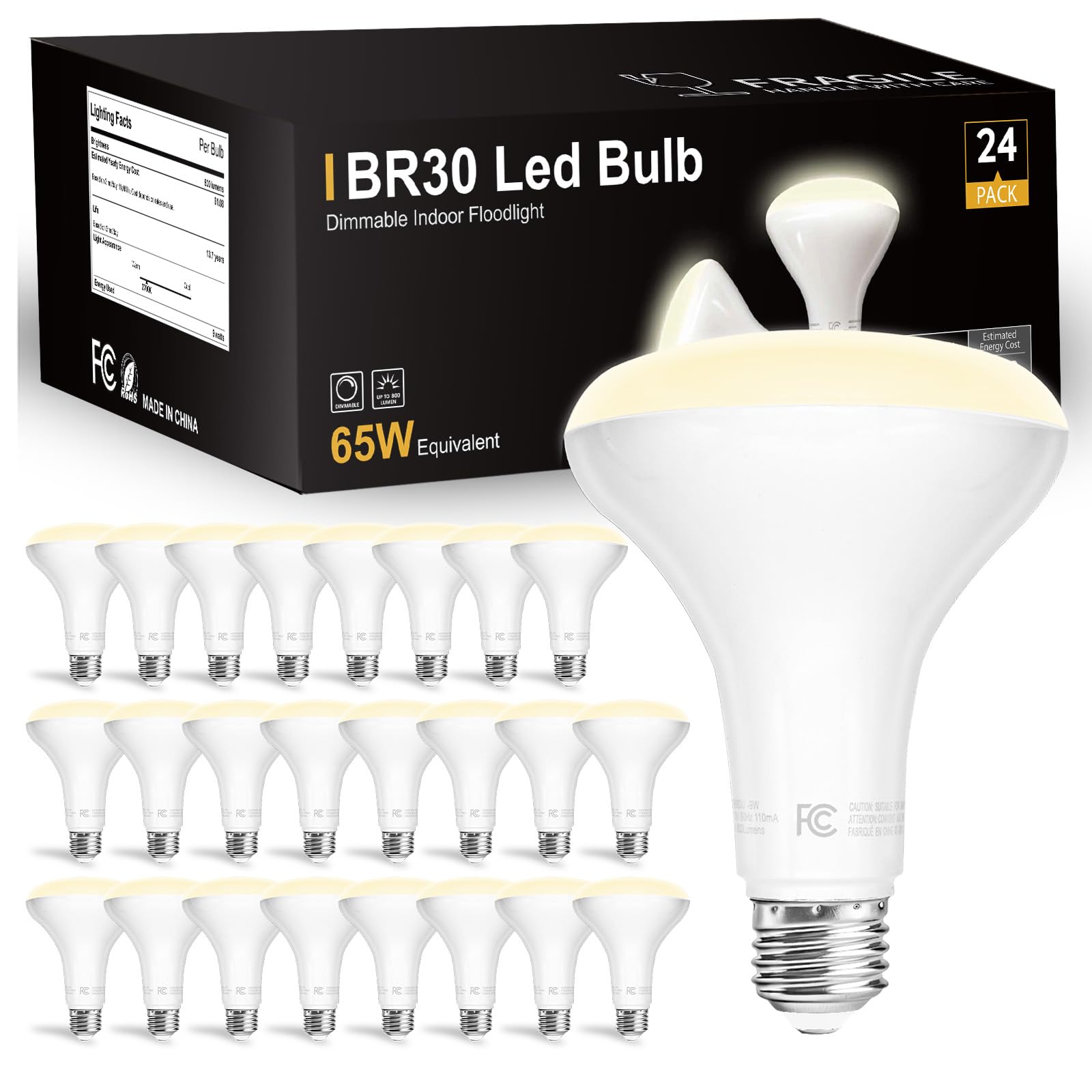 Dalattin 24 Pack Br30 Led Bulbs 65W Equivalent, Dimmable Indoor Flood Lights 4000K Neutral White, 9W, 800 Lumens, E26 Base, Led 