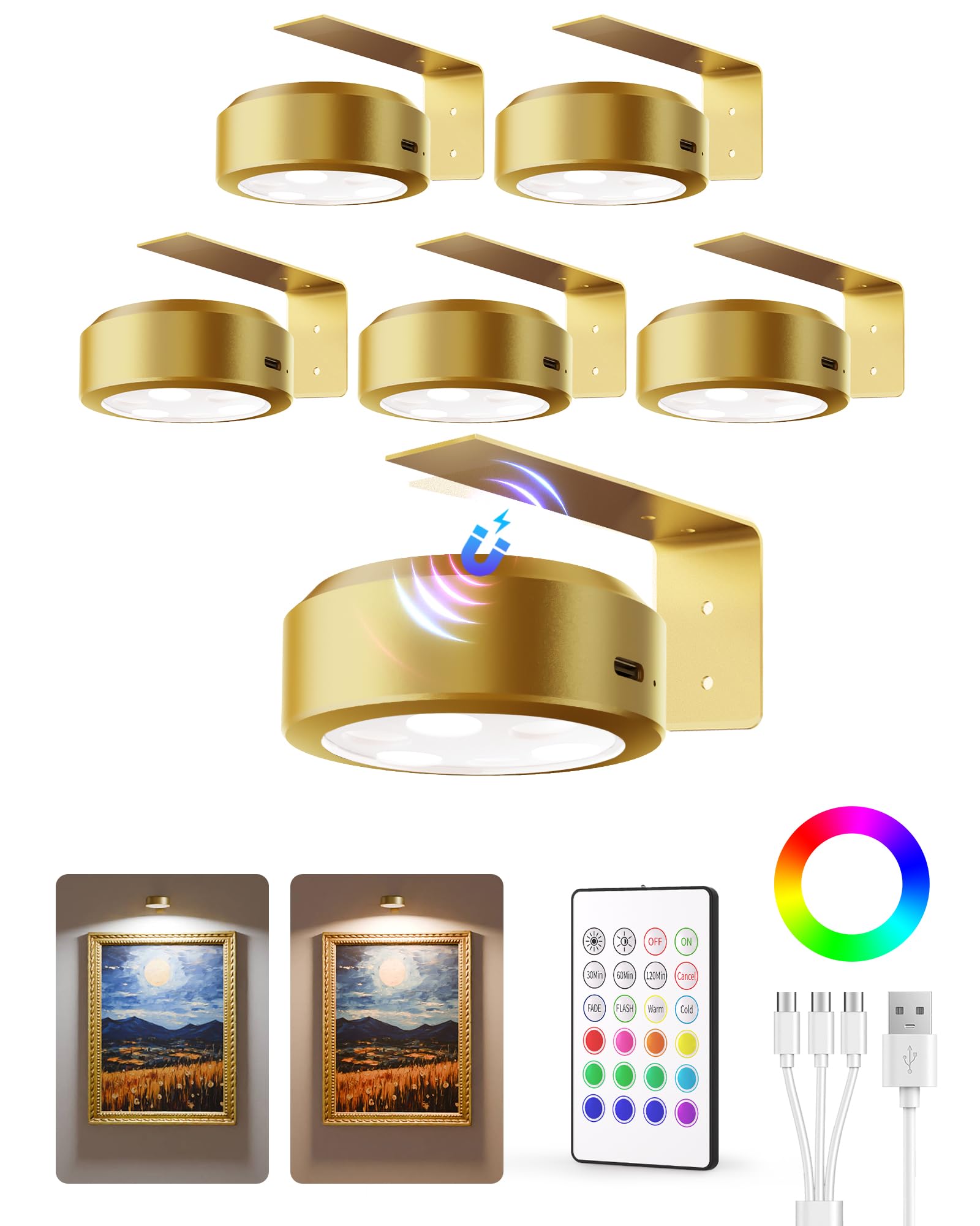 EZVALO Picture Lights - 2000mAh Rechargeable Magnetic Wall Decor Light, 3 Color Temps, RGB, Aluminum, 6 Pack, Gold, Model LT-01