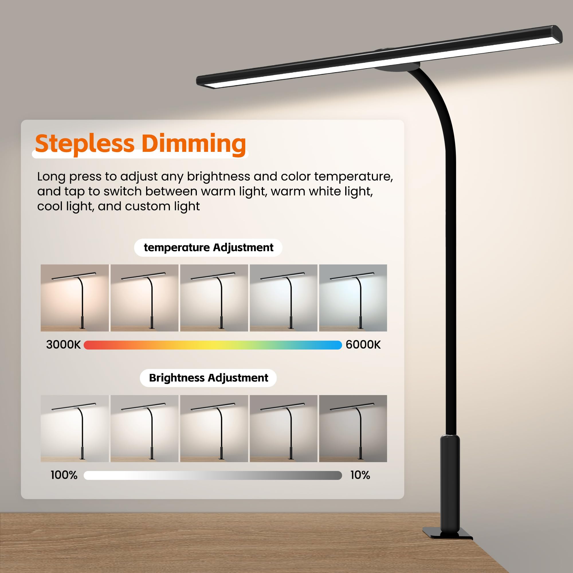 SEOUFRDZ LED Desk Lamp with Clamp, 3 Lighting Modes, Touch & Remote Control, Metal, Remote Control, Black, Model 103