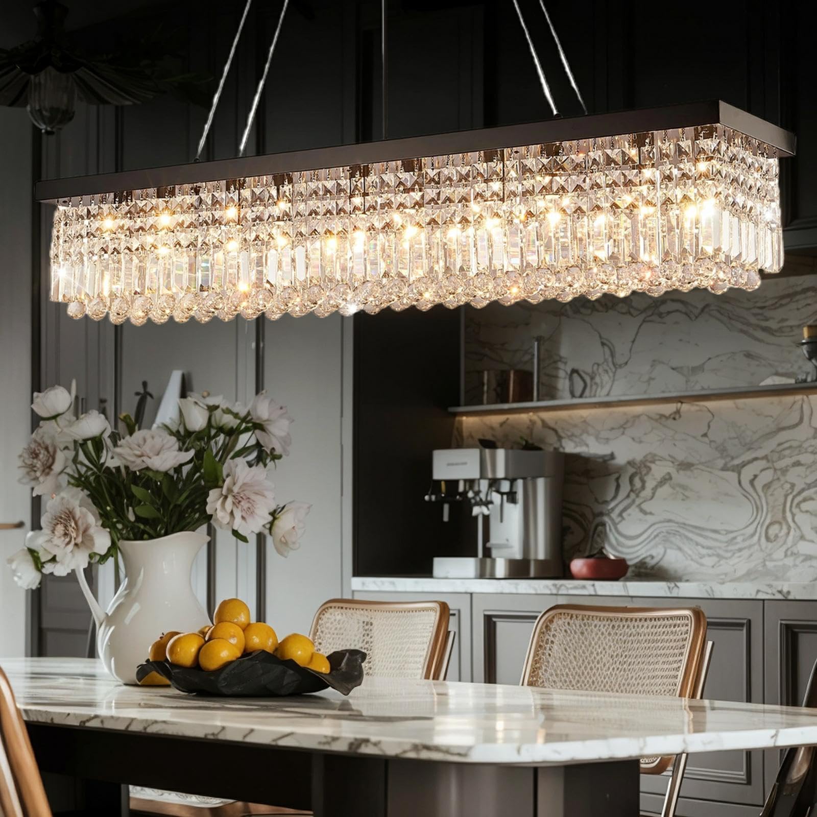 Tinkoso Modern Crystal Chandelier For Dining Room,10-Light Black Rectangle Pendant Ceiling Light Fixture For Kitchen Island Bar,