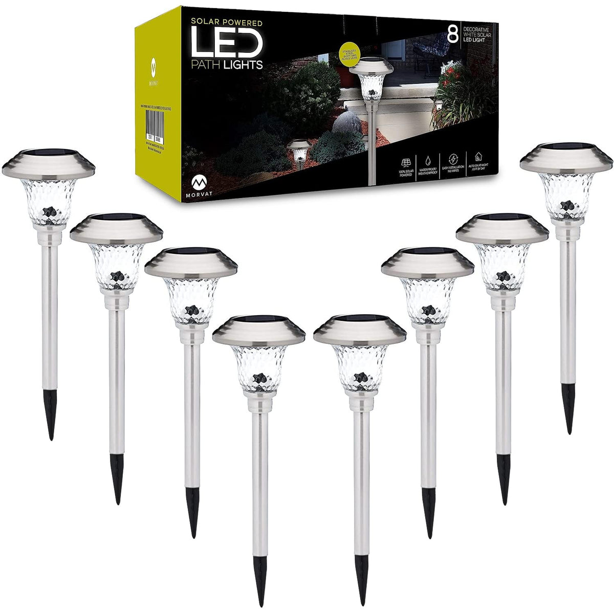 Morvat Led Auto Solar Powered Outdoor Path Lights With Stainless Steel & Glass Lens For Garden Yard & Pathway, Bright Waterproof