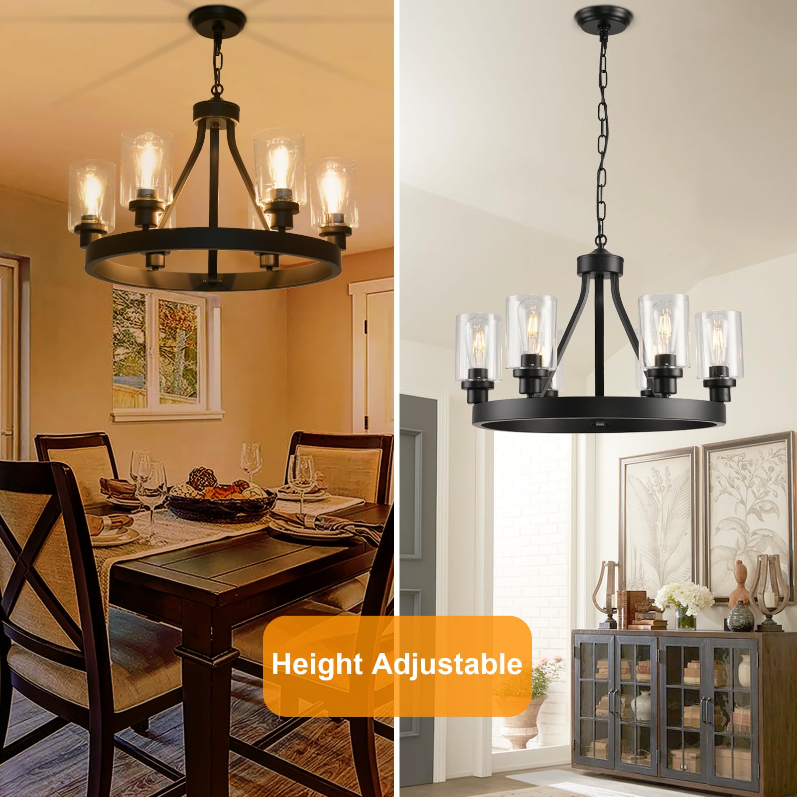 D24'' Black Wagon Wheel Chandelier, 6-Light Black Round Farmhouse Chandeliers, Dining Room Light Fixtures Black Industrial Hangi