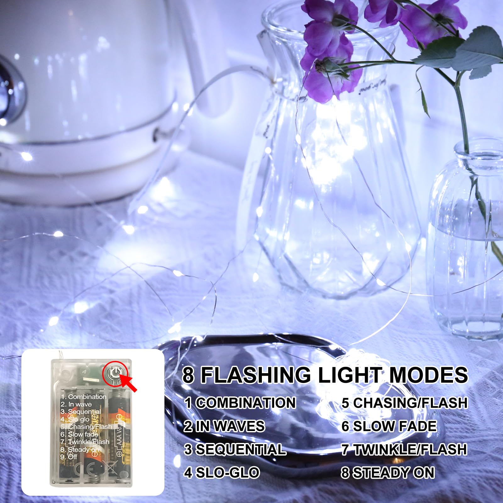 Sinamer White Fairy Lights Battery Operated (Included), 8 Modes & Auto Timer, 16Ft 50Led Mini Twinkle Silver Wire Firefly Starry Lights, Waterproof Battery Operated Lights For Mason Jars Bedroom