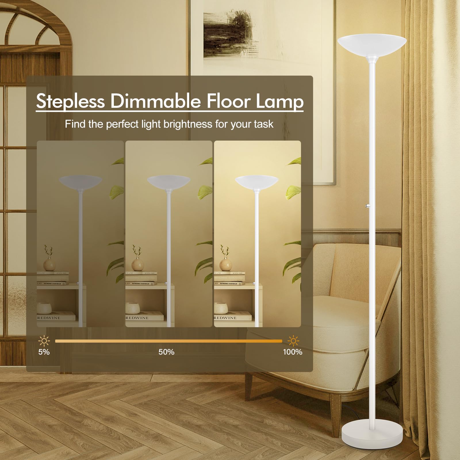 Auquee 30W Torchiere Floor Lamp, 3600Lm Bright Led, Dimmable, 71&quot; Metal Standing