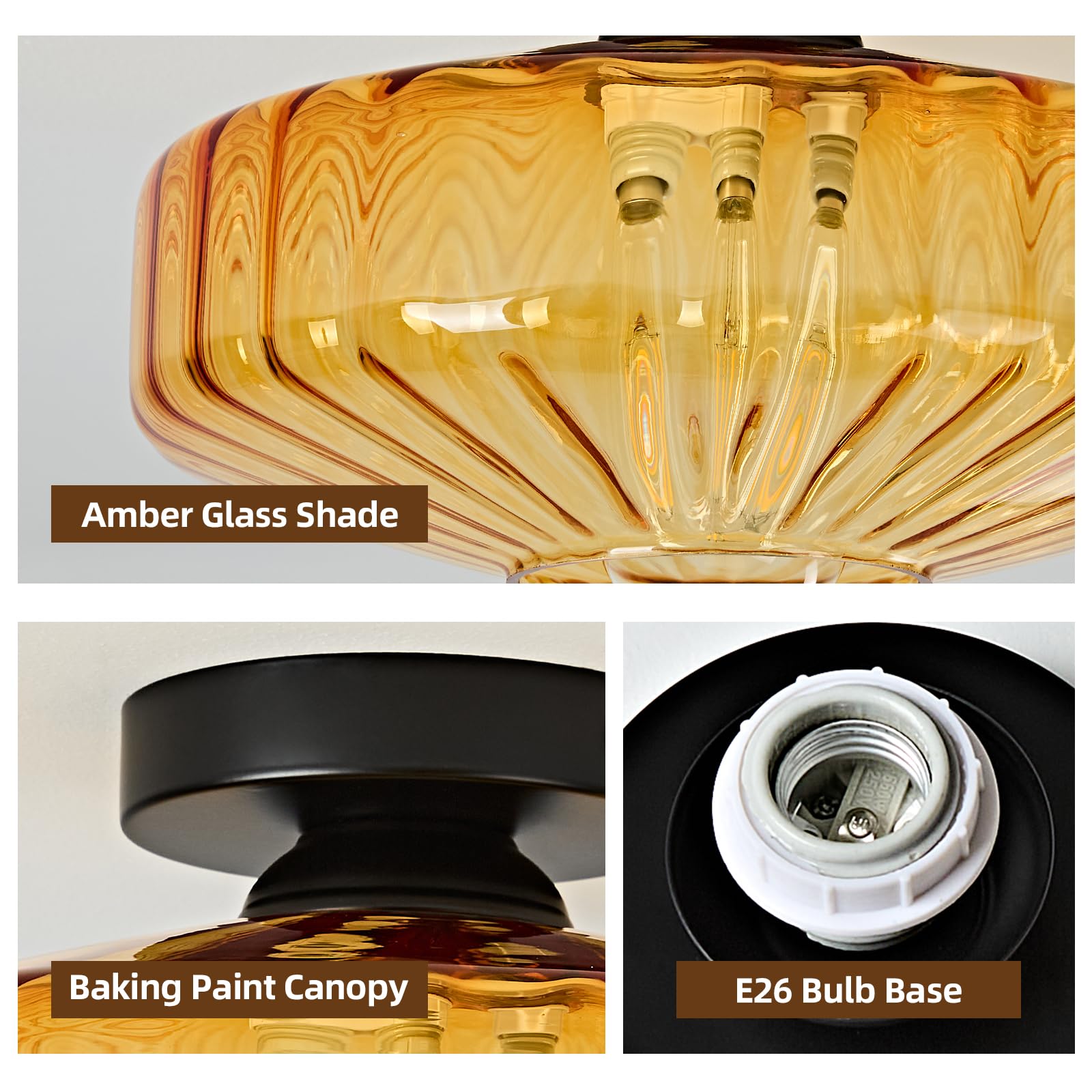 Glass Semi Flush Ceiling Lights - 12 In Vintage Mid Century Modern Lighting Fixture - Drum Unique Art Deco Amber Mount Light Fixtures For Hallway Entry Way Hall Kitchen Dining Laundry Room Foyer Porch