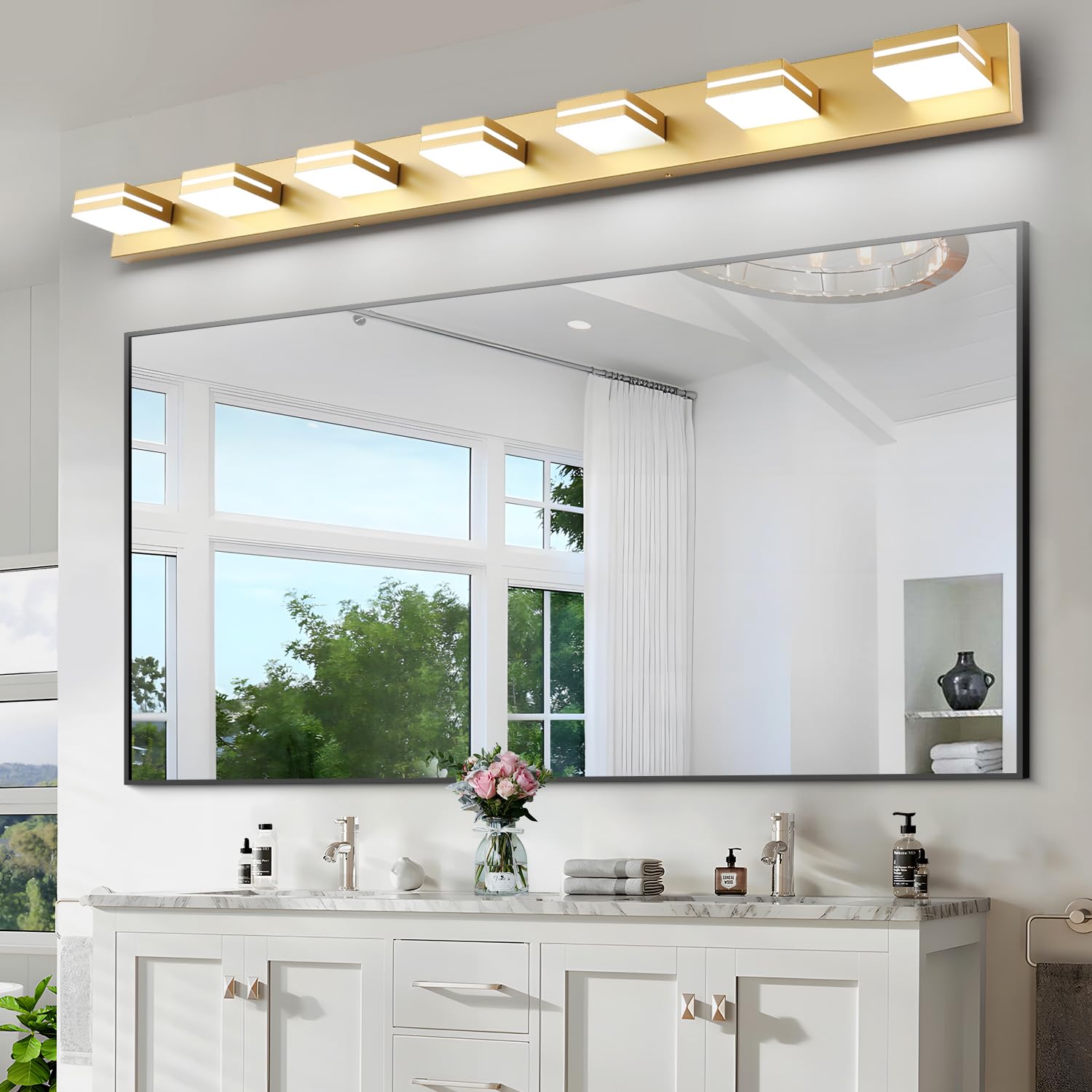 SineRise LED Bathroom Vanity Light Fixture, 7-Light, 55-Inch, Dimmable, Gold, Stainless Steel, Model H0001-53