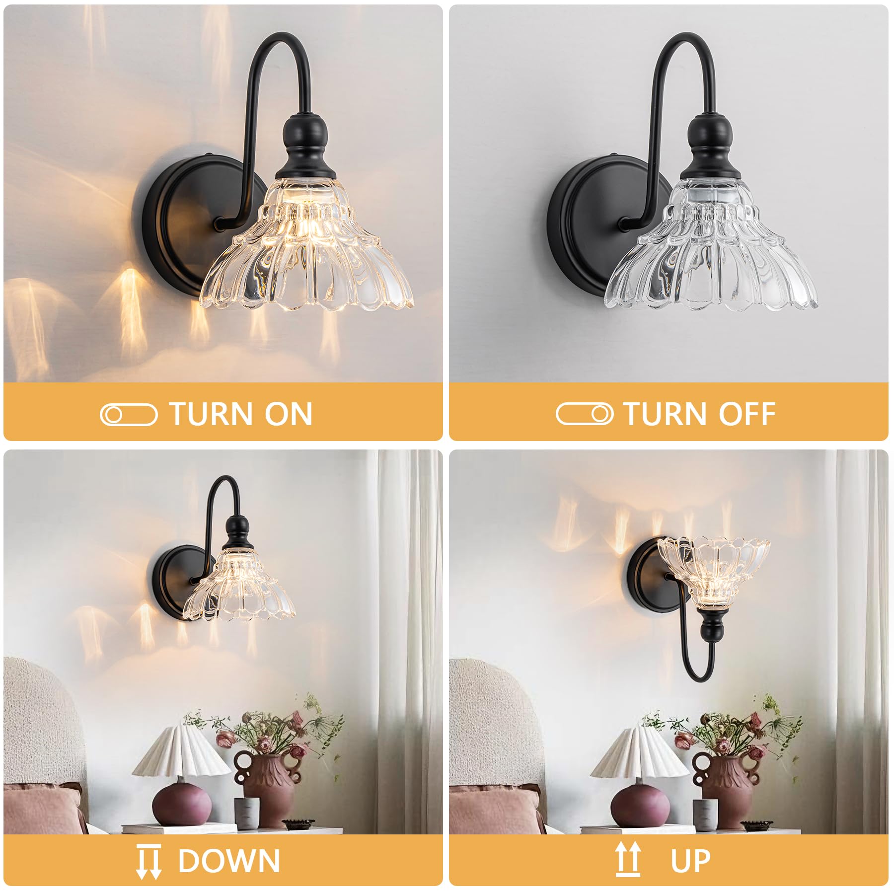 BrkNit 1-Light Black Wall Sconce - Vintage Bathroom Light Fixture with Flower Glass Shade, Stainless Steel, Model J0063-4