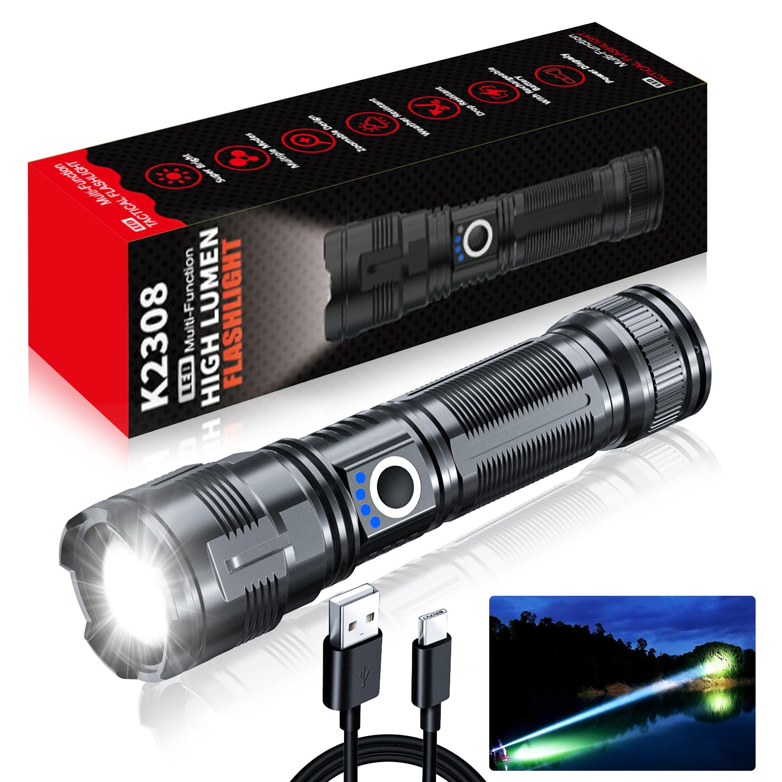 Vnina 100,000 Lumens Rechargeable Flashlight, 3280Ft Beam, Ipx5 Waterproof, Led Tactical Light