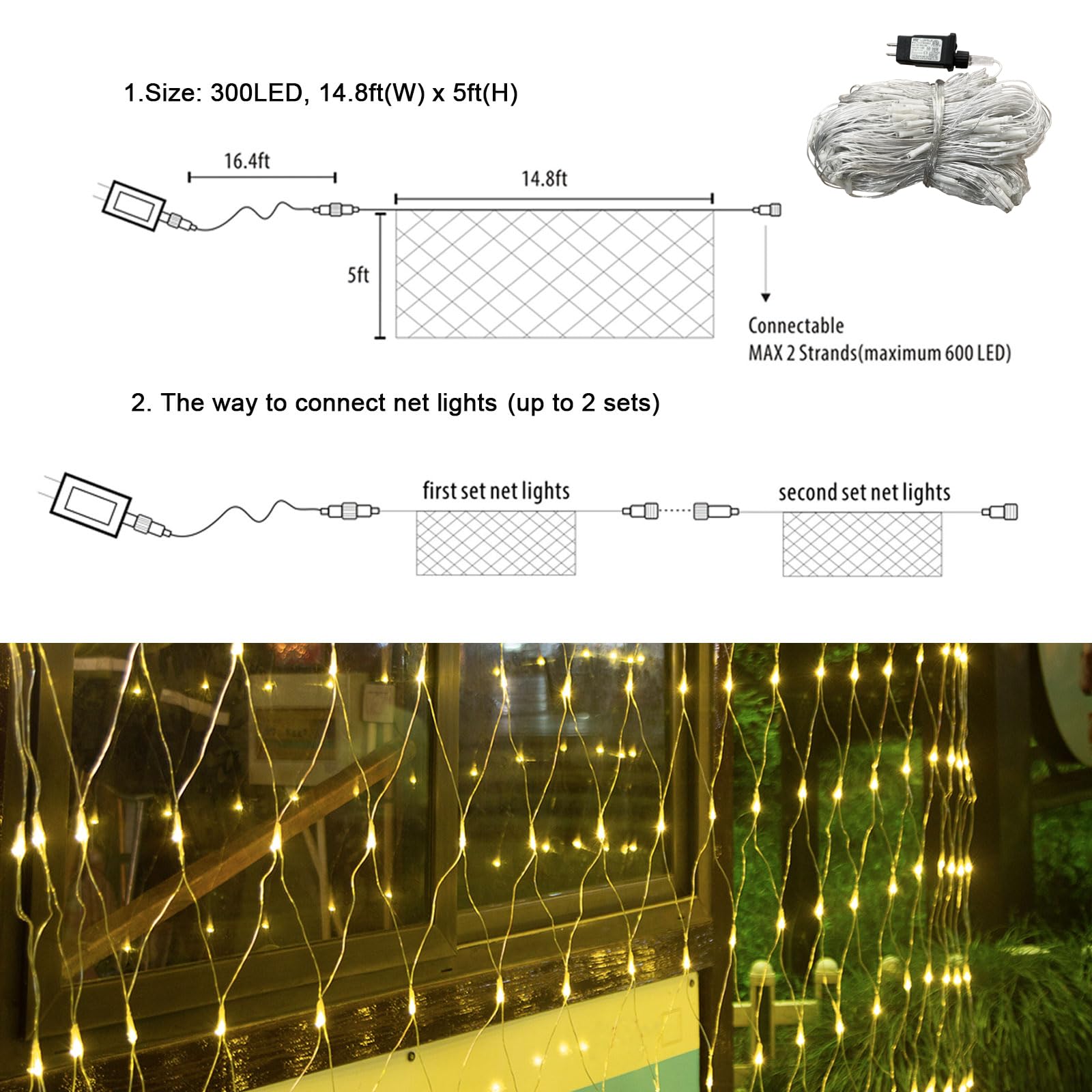 300 Led Net Lights, 14.8Ft X 5Ft 8 Modes Christmas Outdoor Mesh Lights Connectable, Waterproof Decorative String Lights Plug In