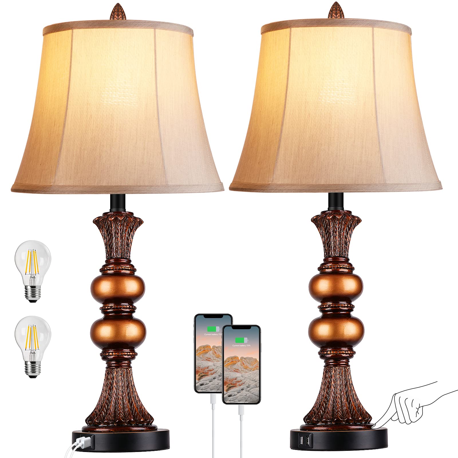 Set of 2 Touch Control Traditional Table Lamp  27 H Bedside Lamps with 2 USB Charging Ports  3-Way Dimmable Bronze Finish Large Nightstand Lamps with Bell Faux Silk Shade for Living Room  Bedroom-New