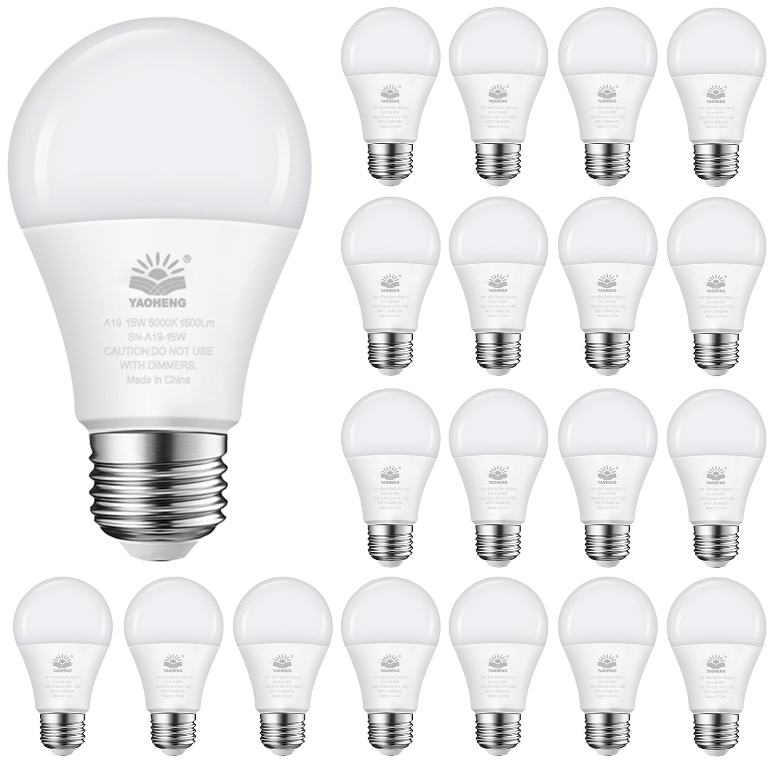 Yaoheng A19 Led Light Bulb, 100 Watt Equivalent Led Bulbs, 5000K Daylight White, 1500 Lumens, Standard E26 Base, Non-Dimmable 15