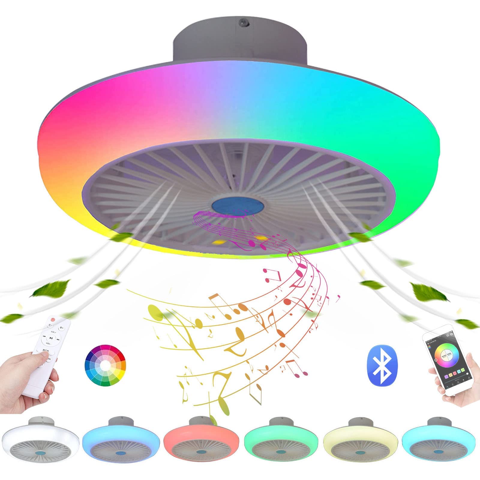 Ceiling Fans with Lights and Remote Bluetooth, RGB Dimmable LED Enclosed Ceiling Fans for Kids Room, with Bluetooth Speaker And 