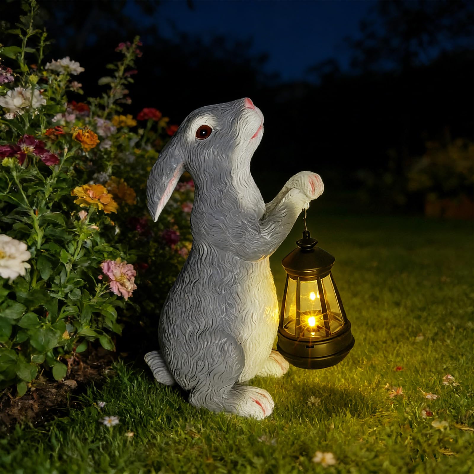 Solar Rabbit Garden Statue with Lights - Whimsical Solar Powered Bunny Figurine for Outdoor Decor, Auto On/Off Waterproof Patio,