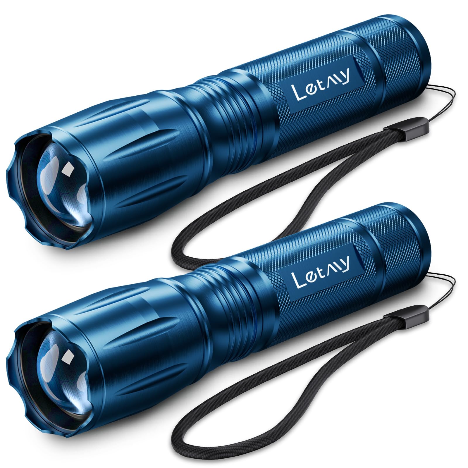 LETMY Tactical Flashlight 2 Pack - High Lumens, Zoomable, Waterproof, Aluminum, Blue