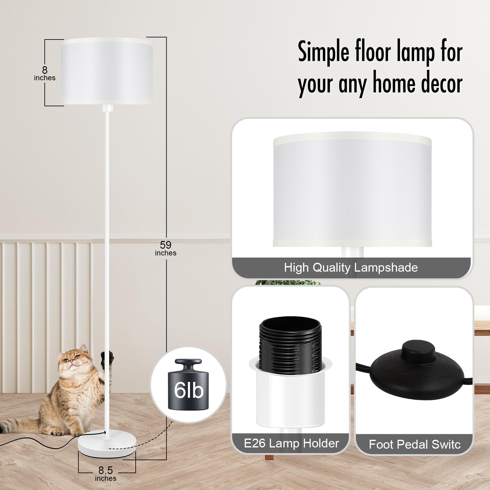 Auquee Floor Lamp, Standing Lamp, Small Floor Lamp With Lampshade, 59'' Tall Lamp For Bedroom, Foot Switch, Simple White Pole La