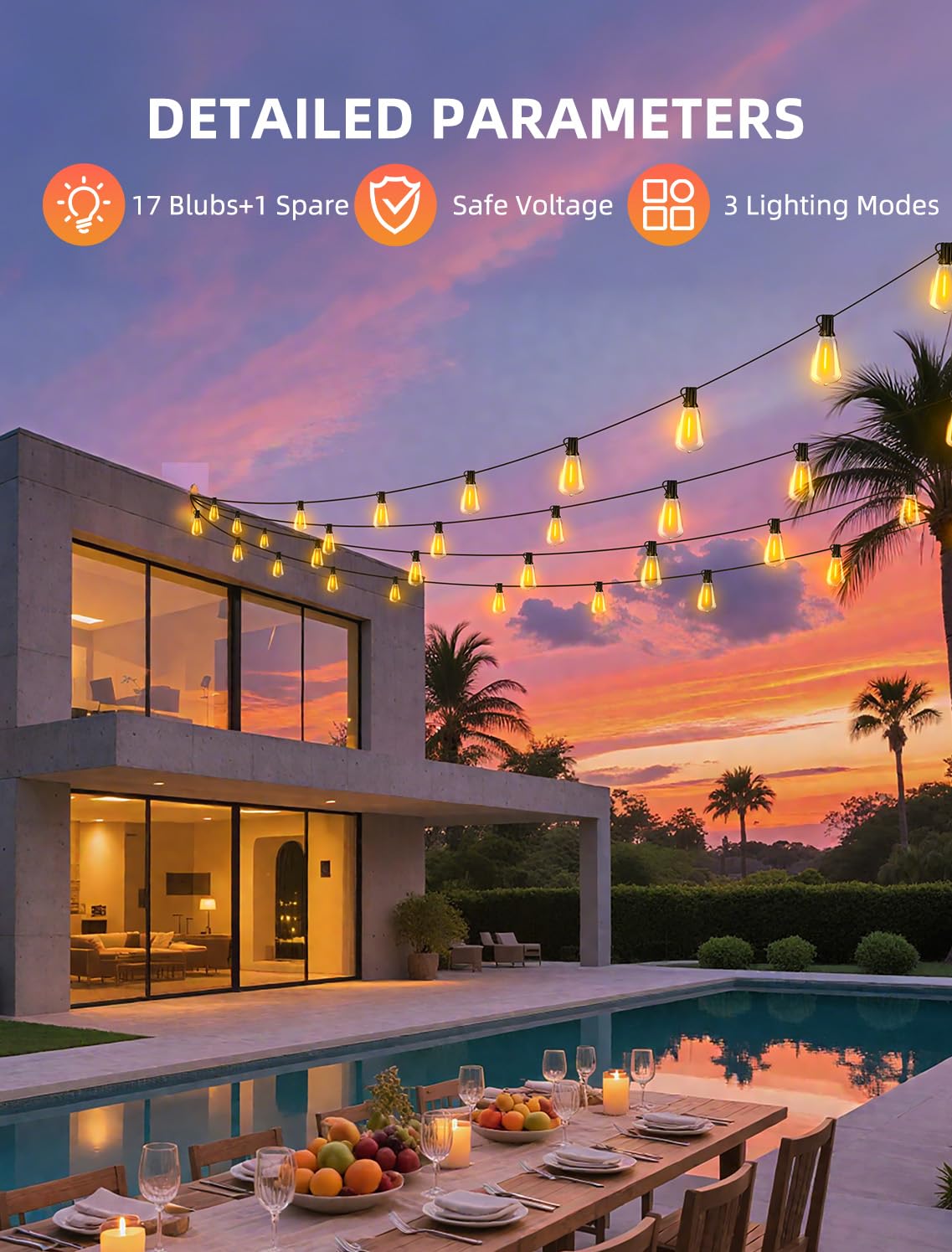 Vozuji Outdoor Patio String Lights: 50Ft 15M Outside Waterproof Light - Remote Dimmable St38 Shatterproof Bulb Connectable Hanging Outdoor Electric Lighting - Backyard Yard Gazebo Porch Party