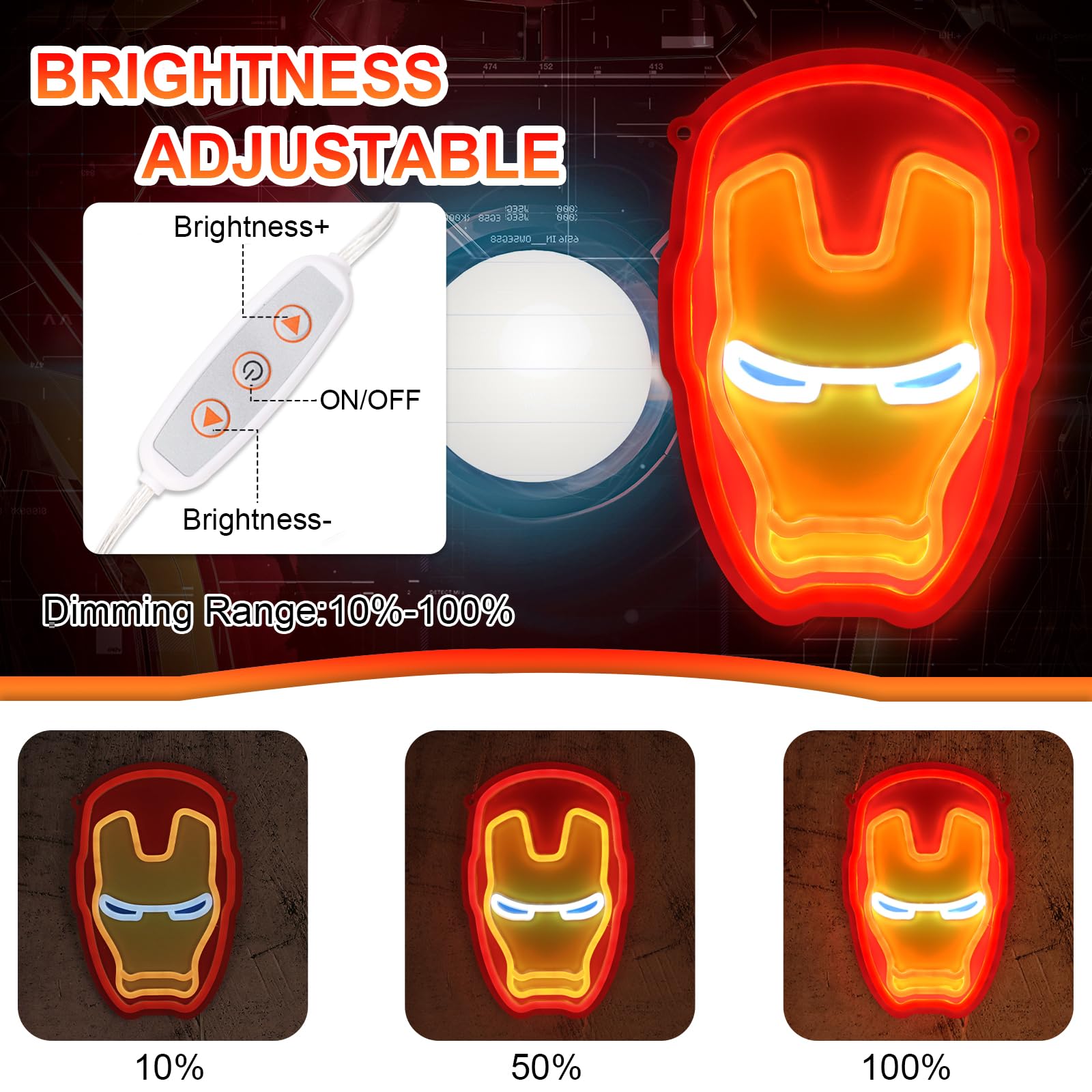 FRIFUN Gaming Neon Sign - Iron-Man LED Wall Decor, 12.2in x 8.3in, Acrylic for Bedroom & Man Cave, Model 001