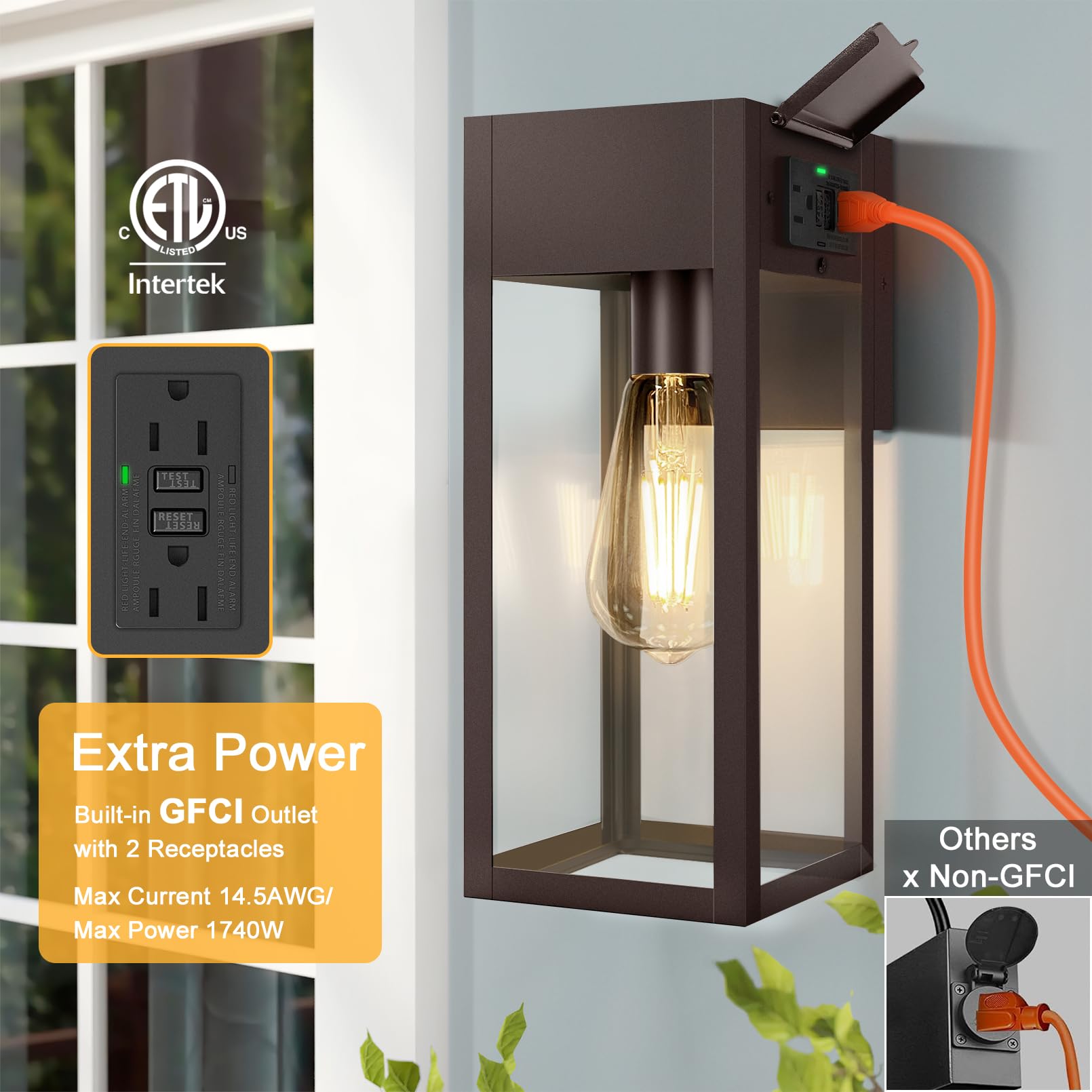 OYKYOHEI Outdoor Wall Sconce Light Fixture, Waterproof, GFCI Outlet, Bronze, Metal, No Sensor, Model TSU-B05053GP-1P-BUS