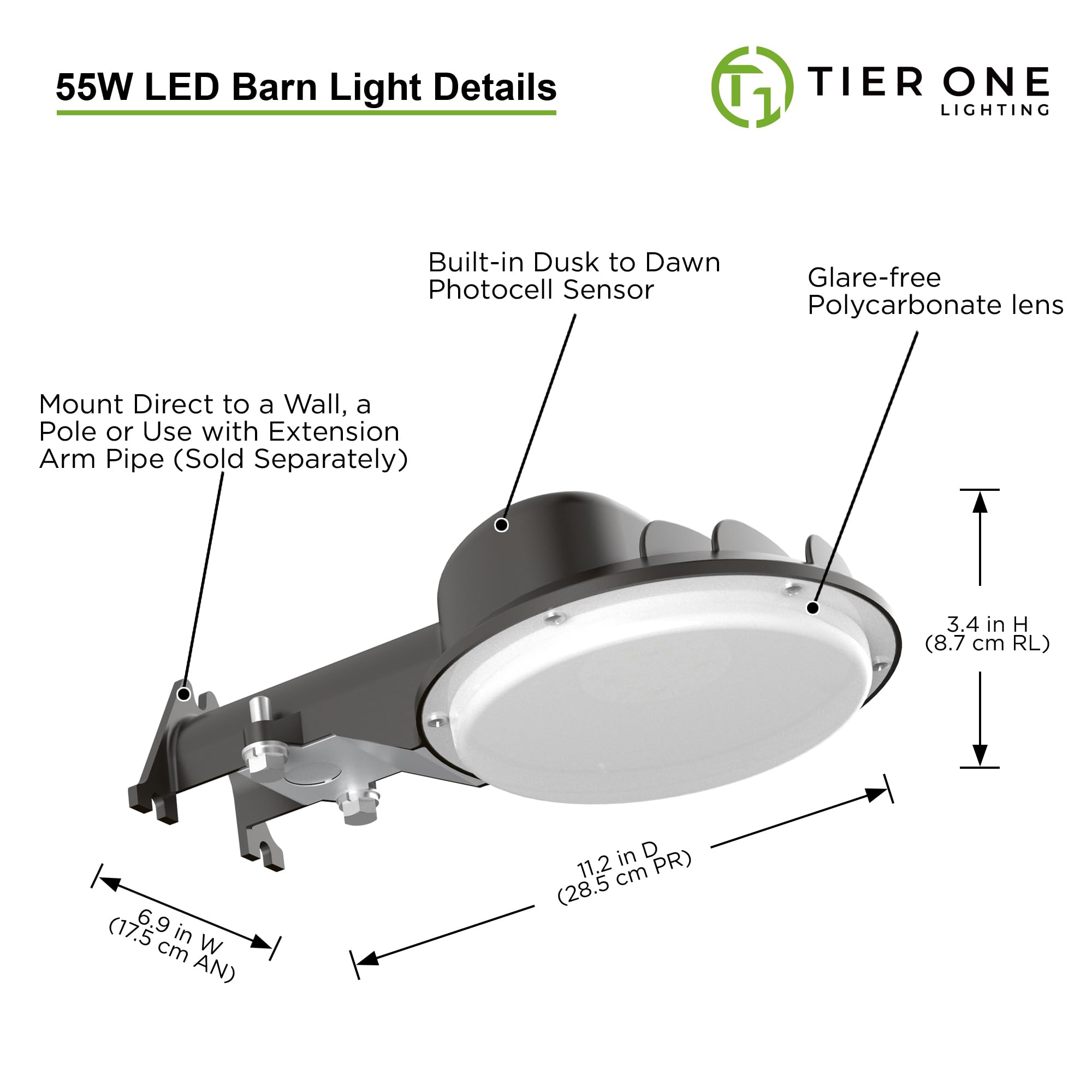 Led Barn Light 55W Dusk To Dawn Yard Lighting With Photocell Ul Listed Led Security Light Dark Sky Frindly Full Cut-Off Light For Barns Garage Yard Warehouse 4000K 5500Lm 120Vac Dark Bronze 2 Pack