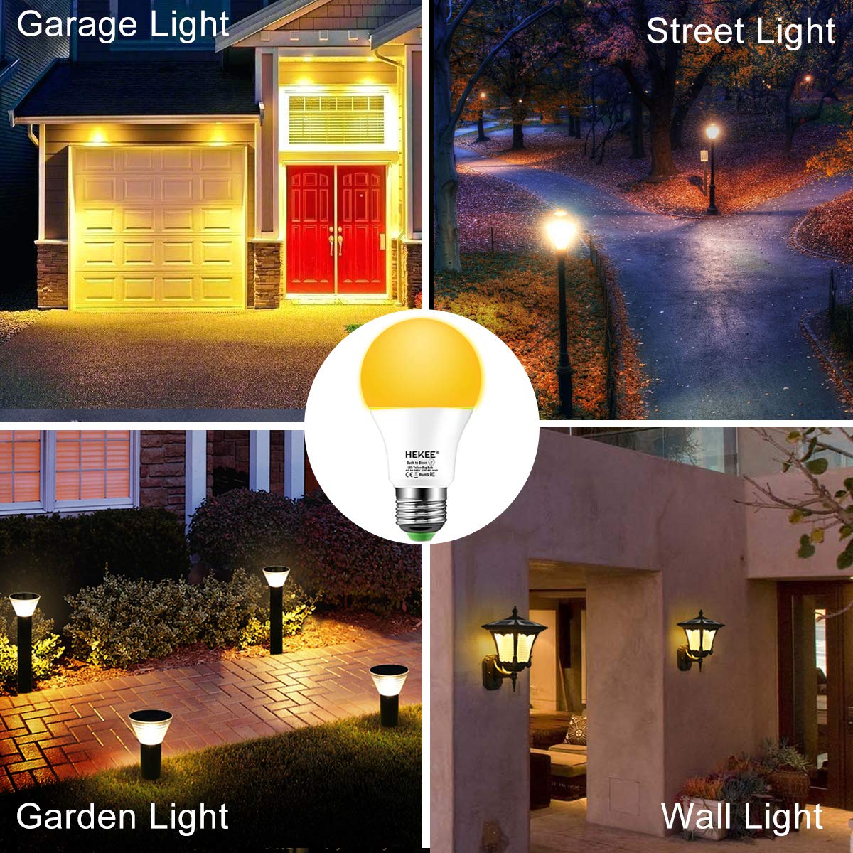 HEKEE Dusk to Dawn A19 Light Bulbs, 8W 720 Lumens, Amber Glow, E26 Base, 4 Pack