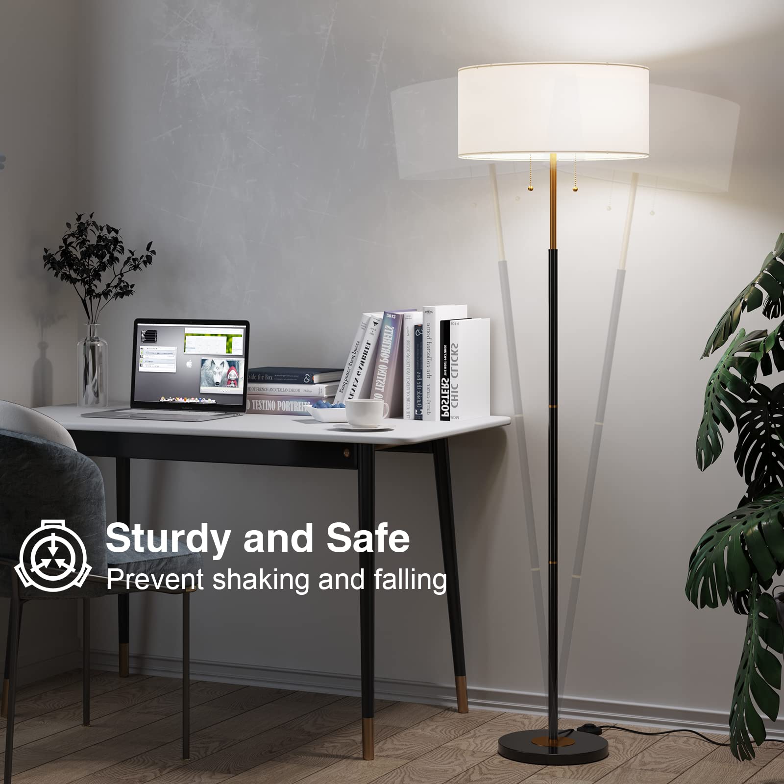 Karjoefar Mid Century Floor Lamp, 61in Black/Gold, Metal, White Fabric Shade, 3 Color Temperatures, Includes 9W Bulb