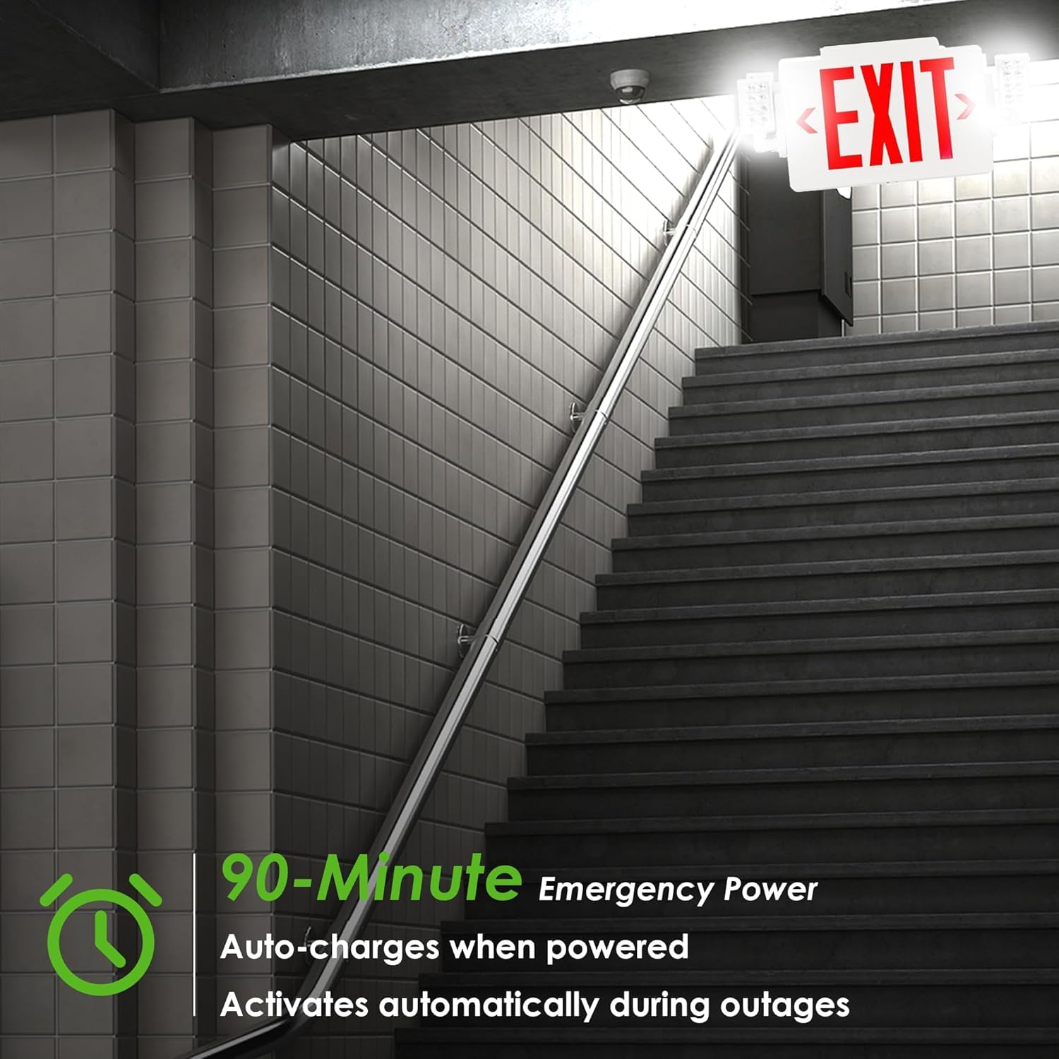 Gruenlich Led Combo Exit Sign, Emergency Light With 2 Adjustable Heads And Double Face, Back Up Batteries- Us Standard Red Lette