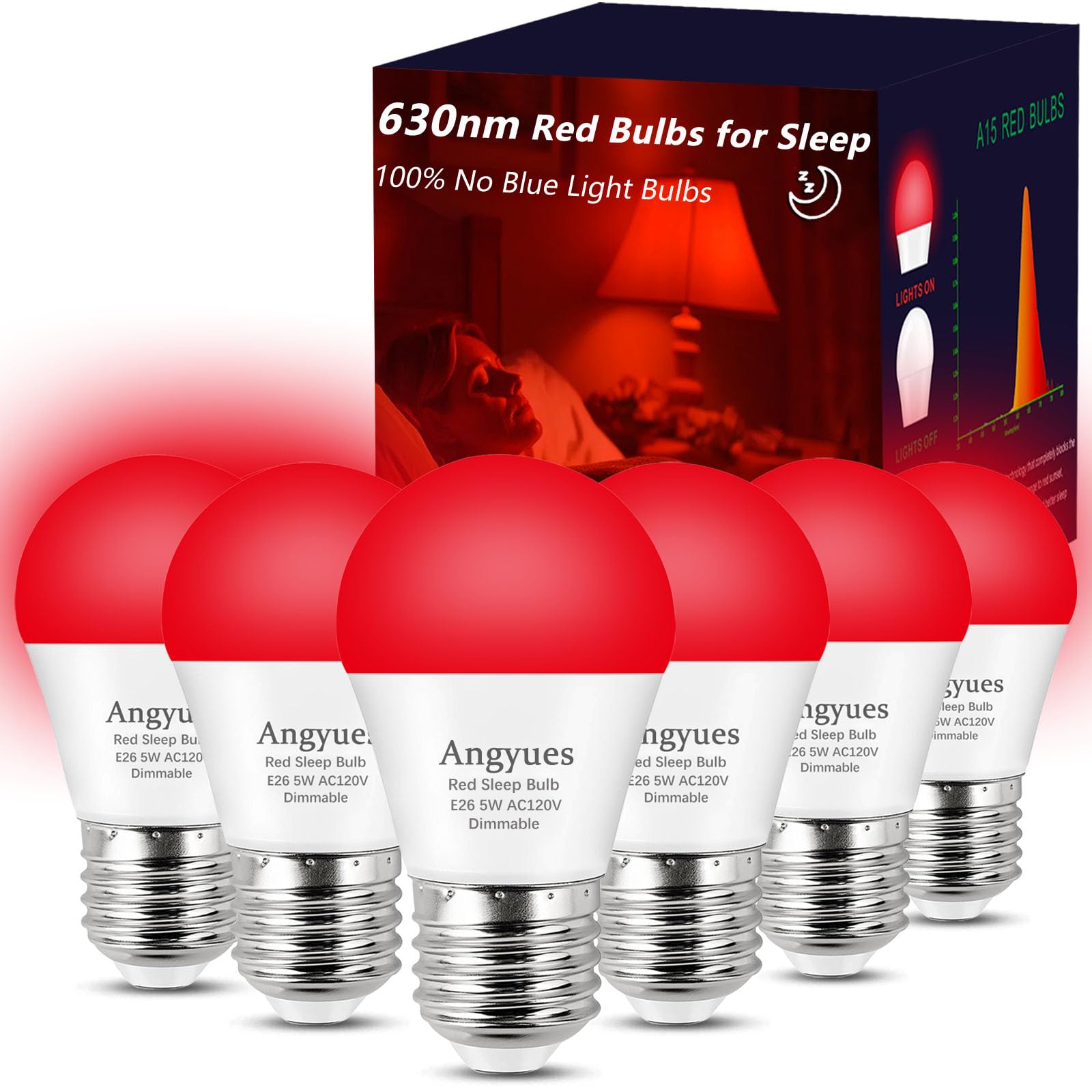 Angyues 630nm Red Light Bulb for Sleep Dimmable  100% Blue Light Blocking  Promotes Melatonin Production  E26 A15 LED 5W Red Dim Night Light for Babys Bedroom  Sleeping  6Pack