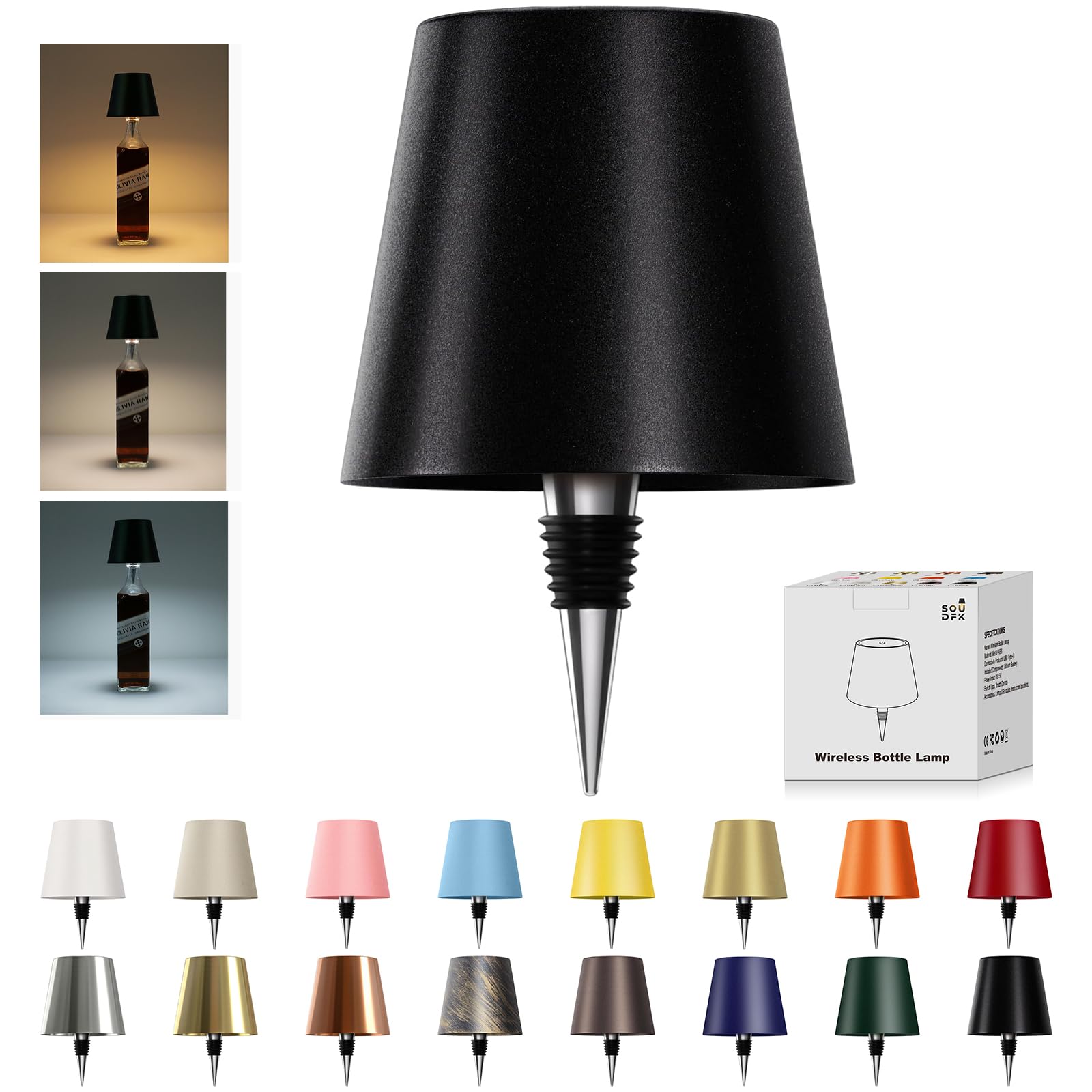 Soudfk Wireless Bottle Lamp, 2024 New 3 Color Rechargeable Wine Bottle Lights For Bars Restaurants (Black, 1Pc)
