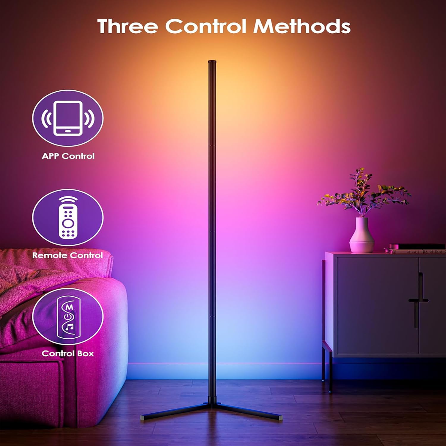 Uocub LED Floor Lamp, RGB Corner Floor Lamp with APP Remote Control,Black Standing Lamp with 16 Million Colors Changing Ambience