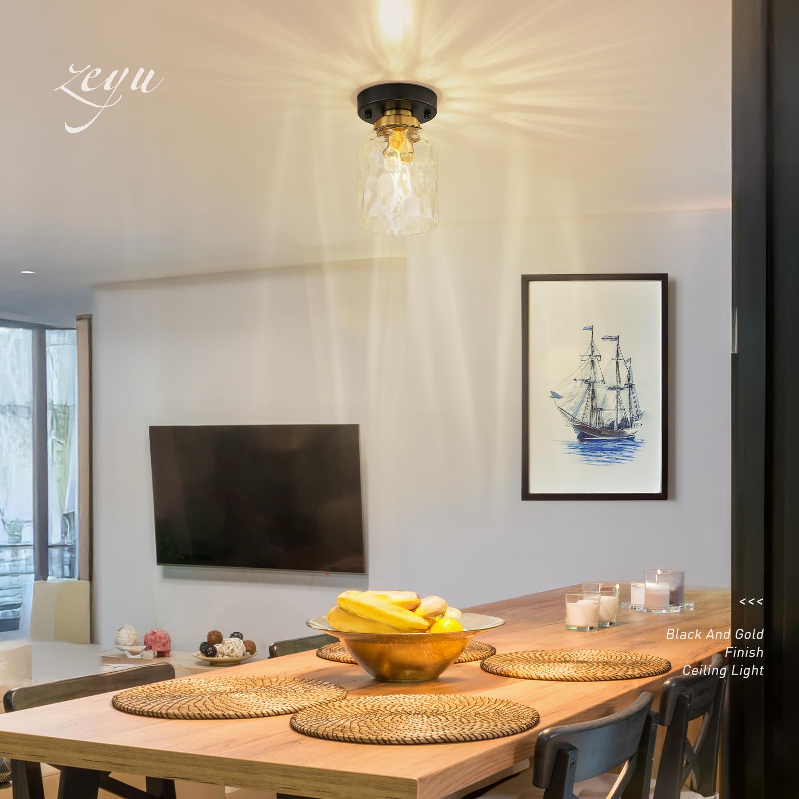 Zeyu Industrial Semi Flush Mount Ceiling Light, Round Hallway Lighting Fixtures Ceiling For Kitchen Entryway, Water Ripple Glass